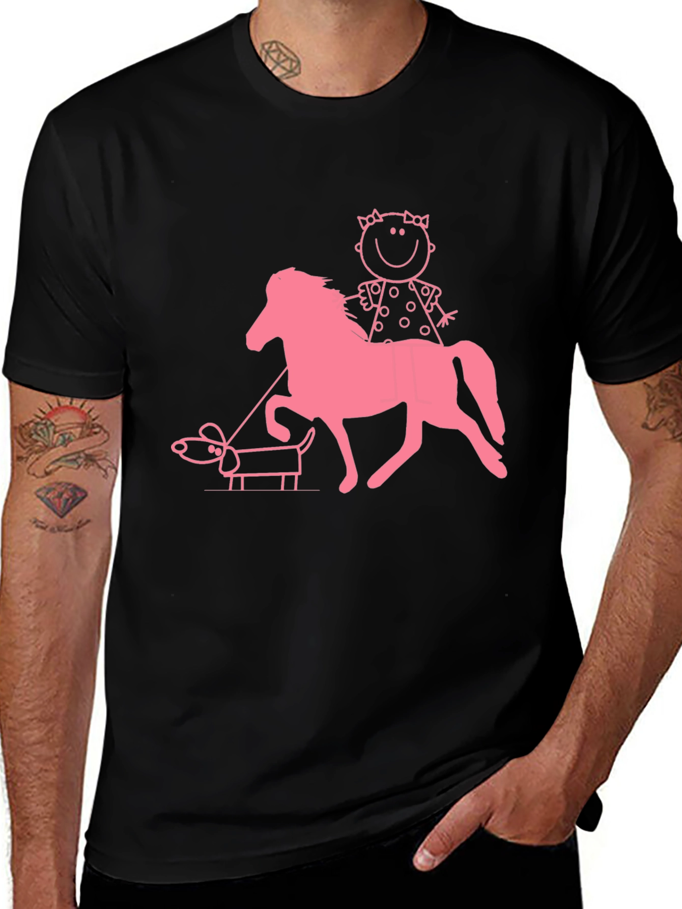 Variant 6 of Playful Graphic Tee - Girl, Horse, and Dog Design