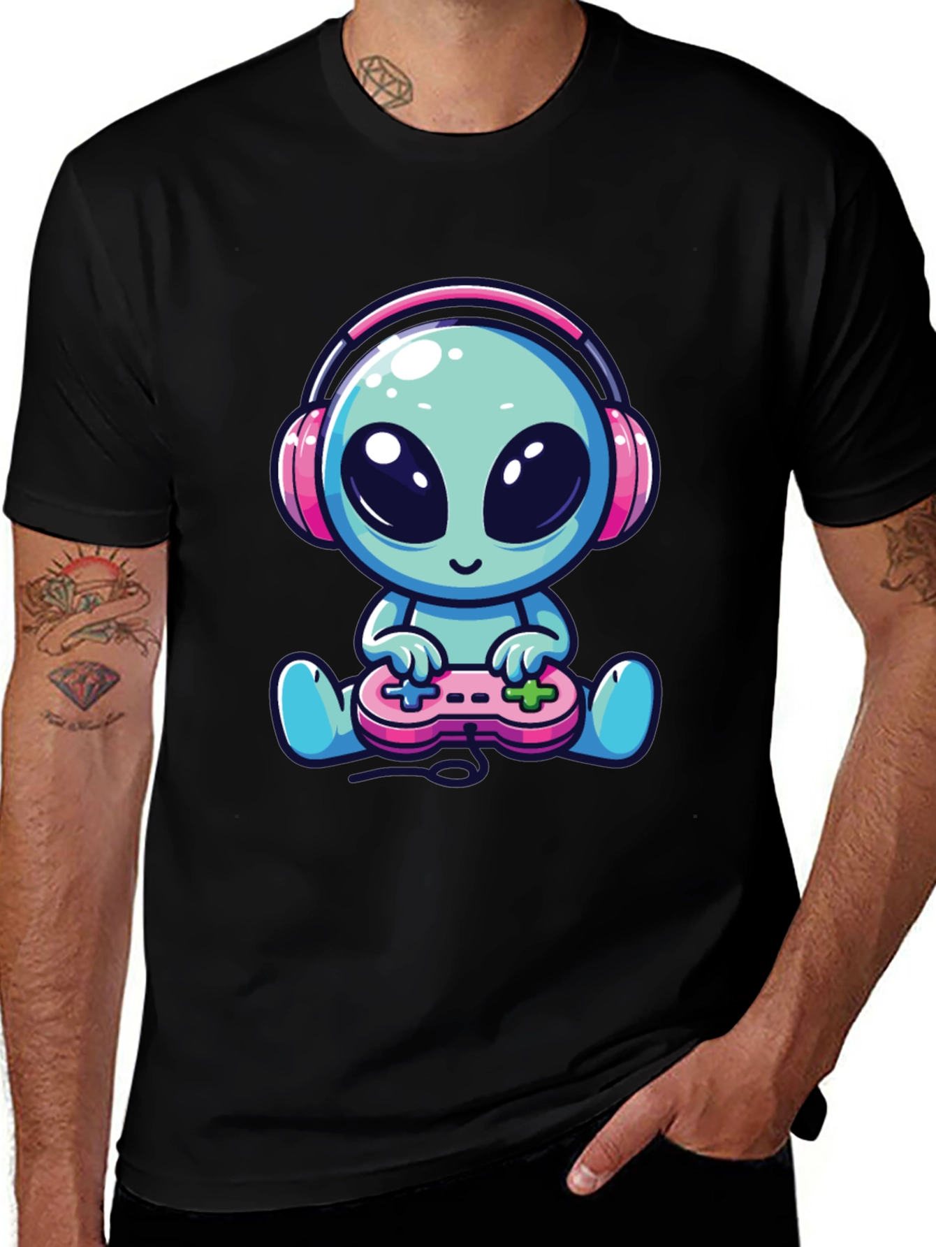 Variant 30 of Gamer Alien Graphic Tee - Black Cotton T-Shirt