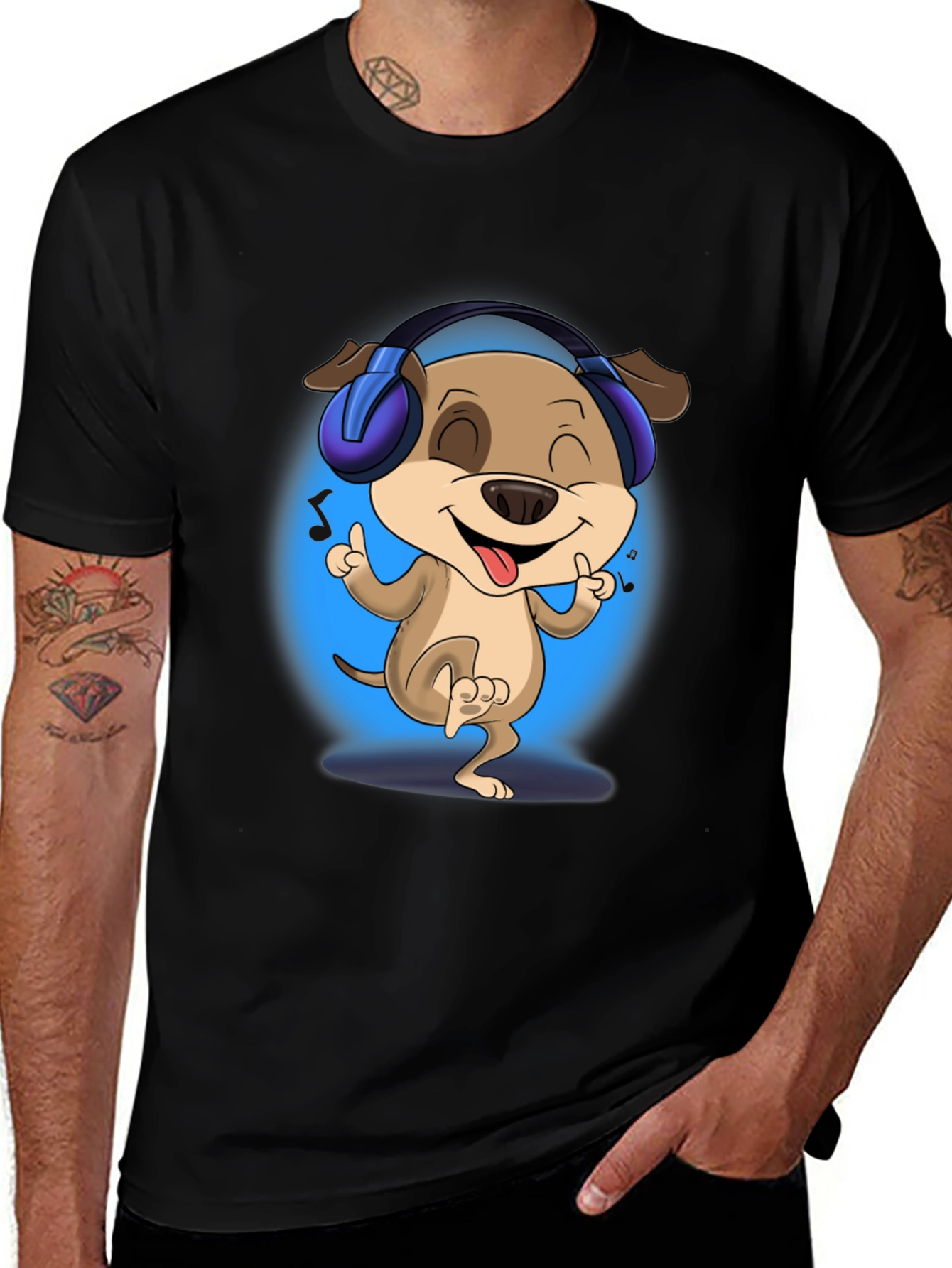 Variant 30 of Cool Dog with Headphones Black T-Shirt