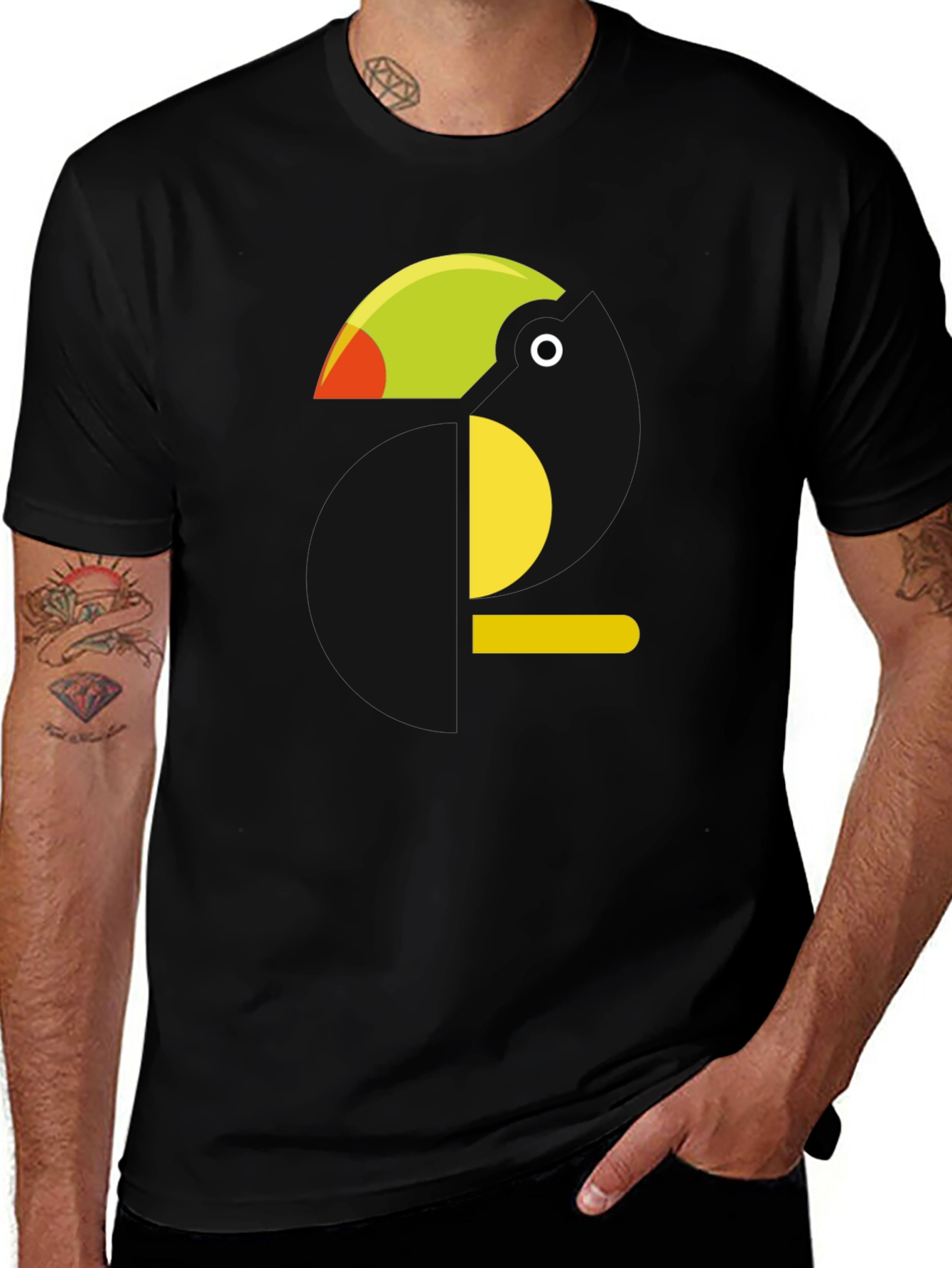 Variant 20 of Abstract Toucan Graphic Tee - Black Cotton T-Shirt