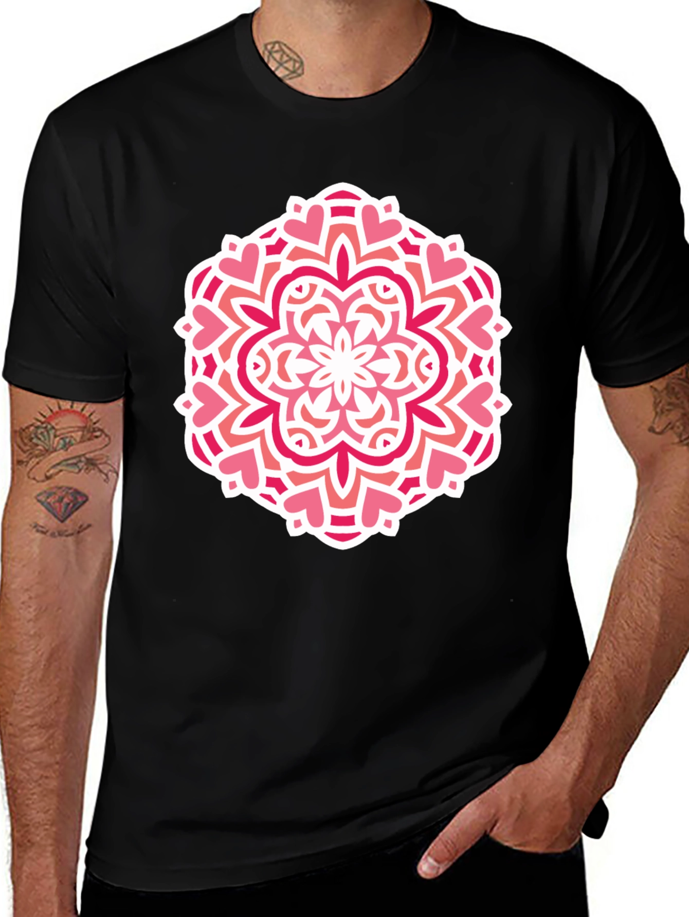 Heart Mandala Graphic Tee - Black Cotton Casual Shirt