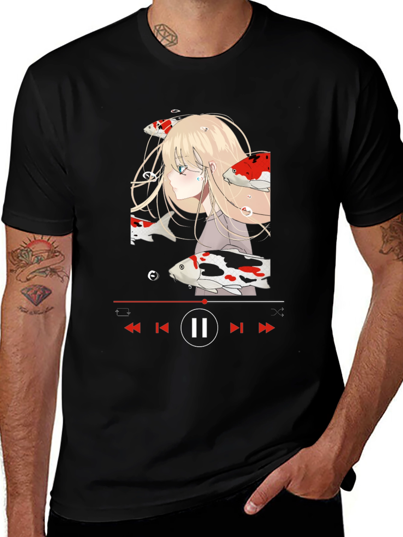 Variant 8 of Anime Girl Koi Fish Music Player Black T-Shirt