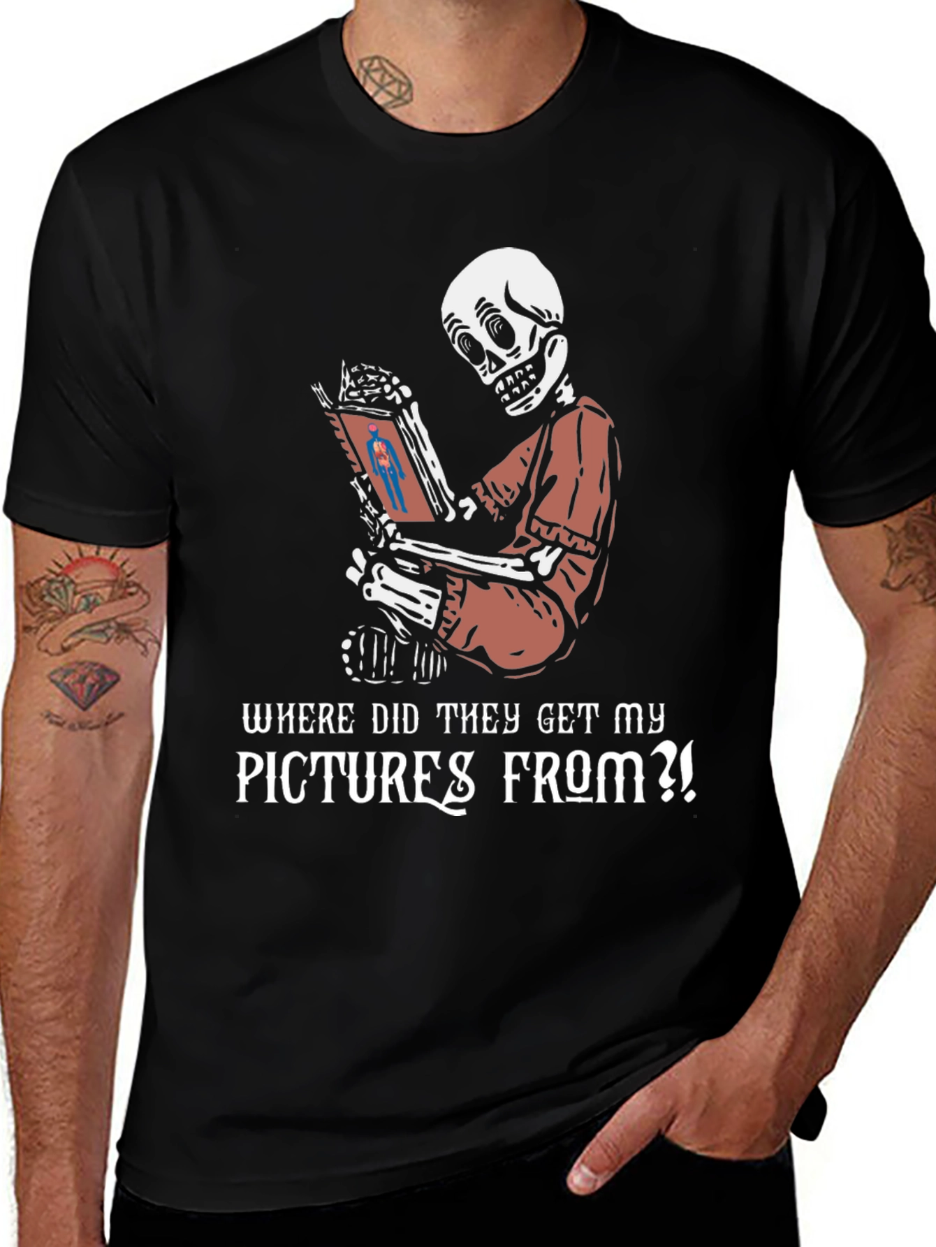 Variant 17 of Funny Skeleton Reading T-Shirt - "Where Did They Get My Pictures From?!"