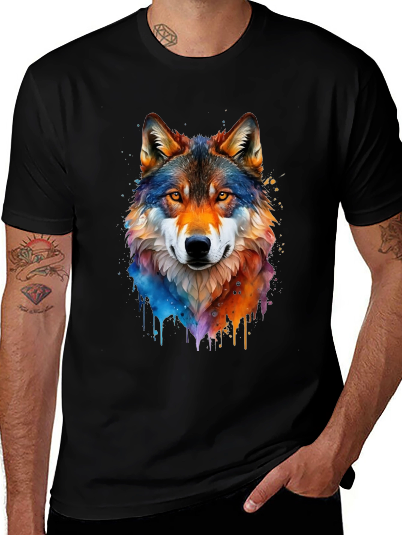 Variant 20 of Watercolor Wolf Graphic Tee - Men's Black T-Shirt