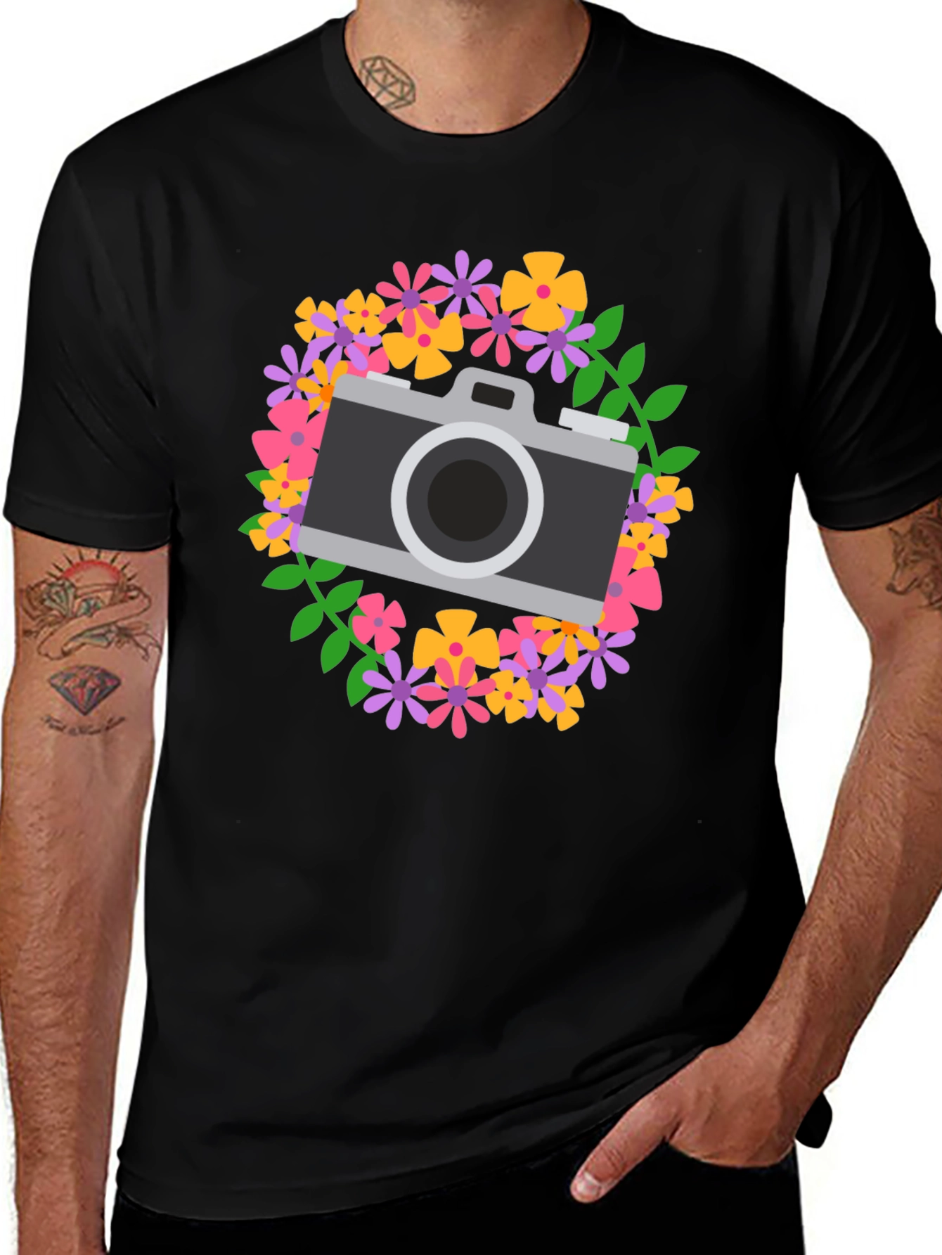Variant 20 of Floral Camera Graphic Tee - Black Cotton Shirt