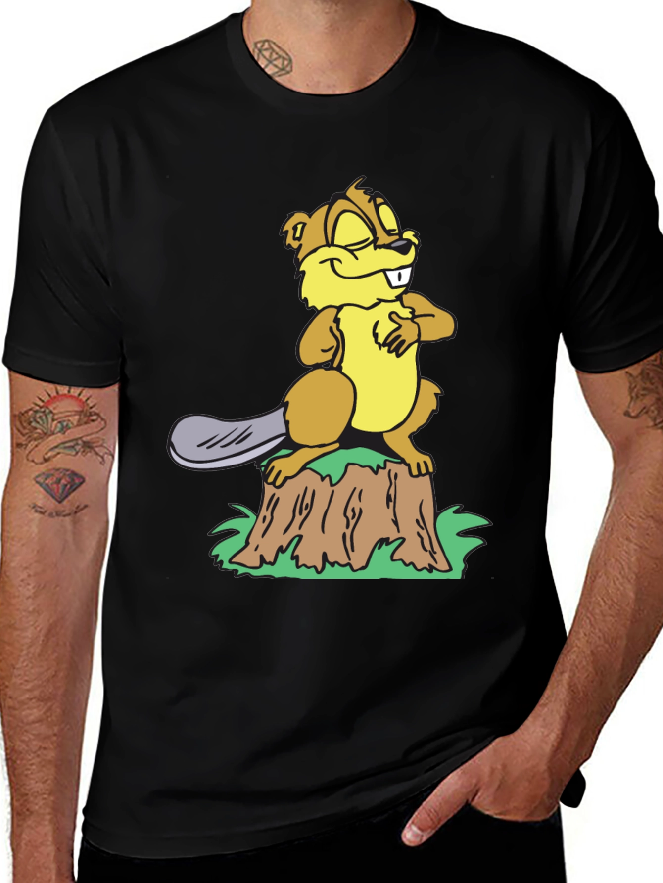 Variant 10 of Funny Beaver on Stump Black T-Shirt