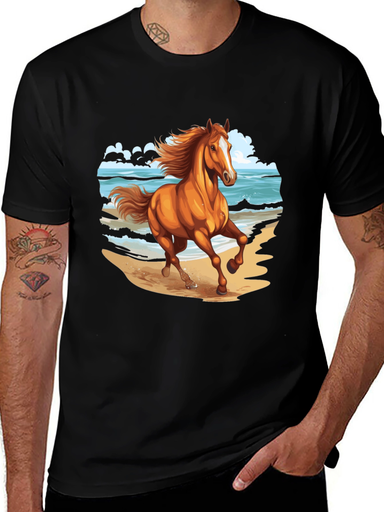 Variant 5 of Horse on Beach Graphic Tee - Black Cotton Casual Shirt