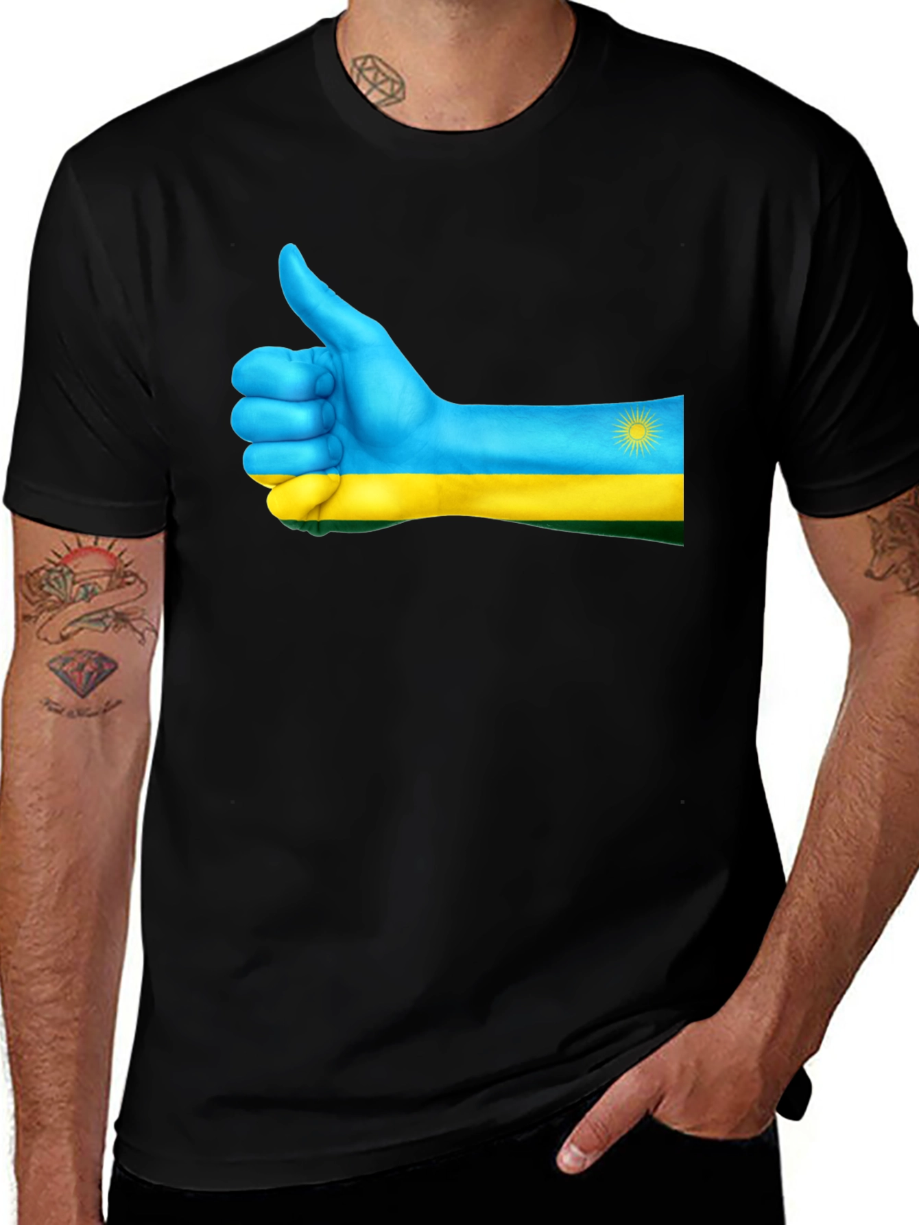 Rwanda Flag Thumbs Up Graphic Tee - Black Cotton T-Shirt
