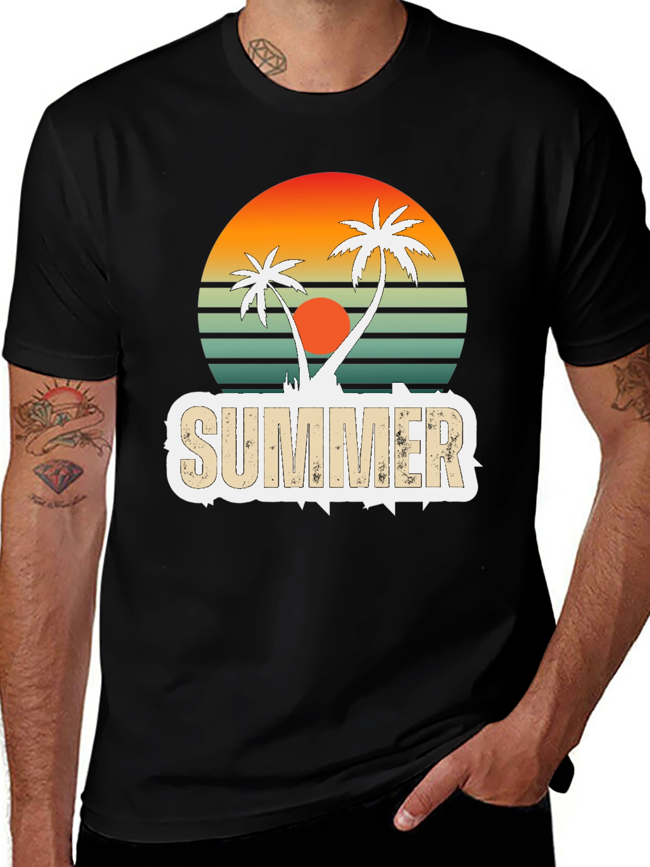Black Retro Summer Palm Tree Graphic T-Shirt main image