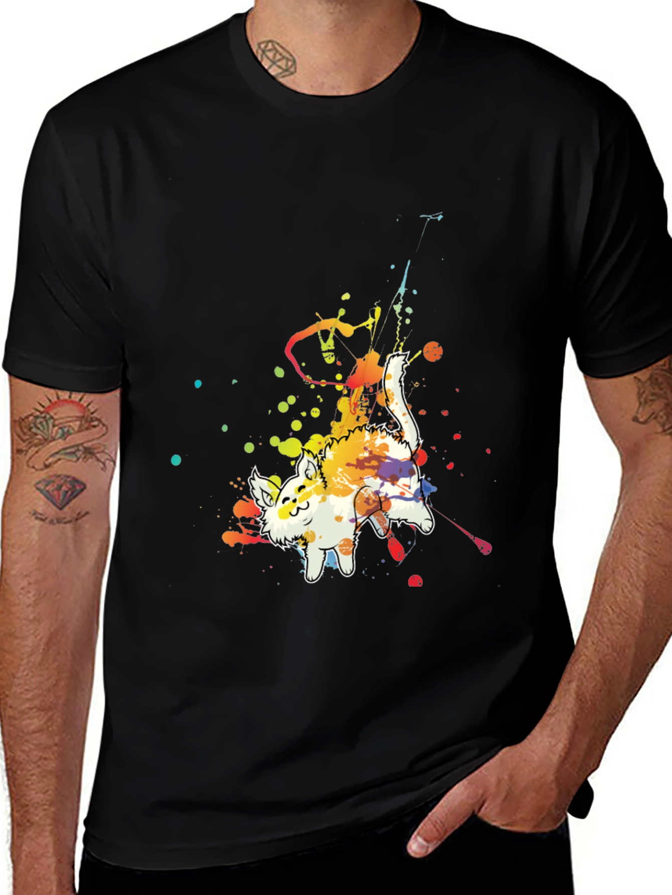 Variant 21 of Men's Black T-Shirt with Colorful Cat Graphic