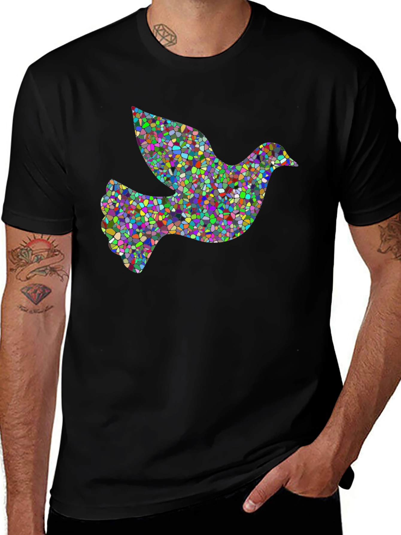 Variant 29 of Mosaic Dove Graphic Tee - Stylish Men's Black T-Shirt