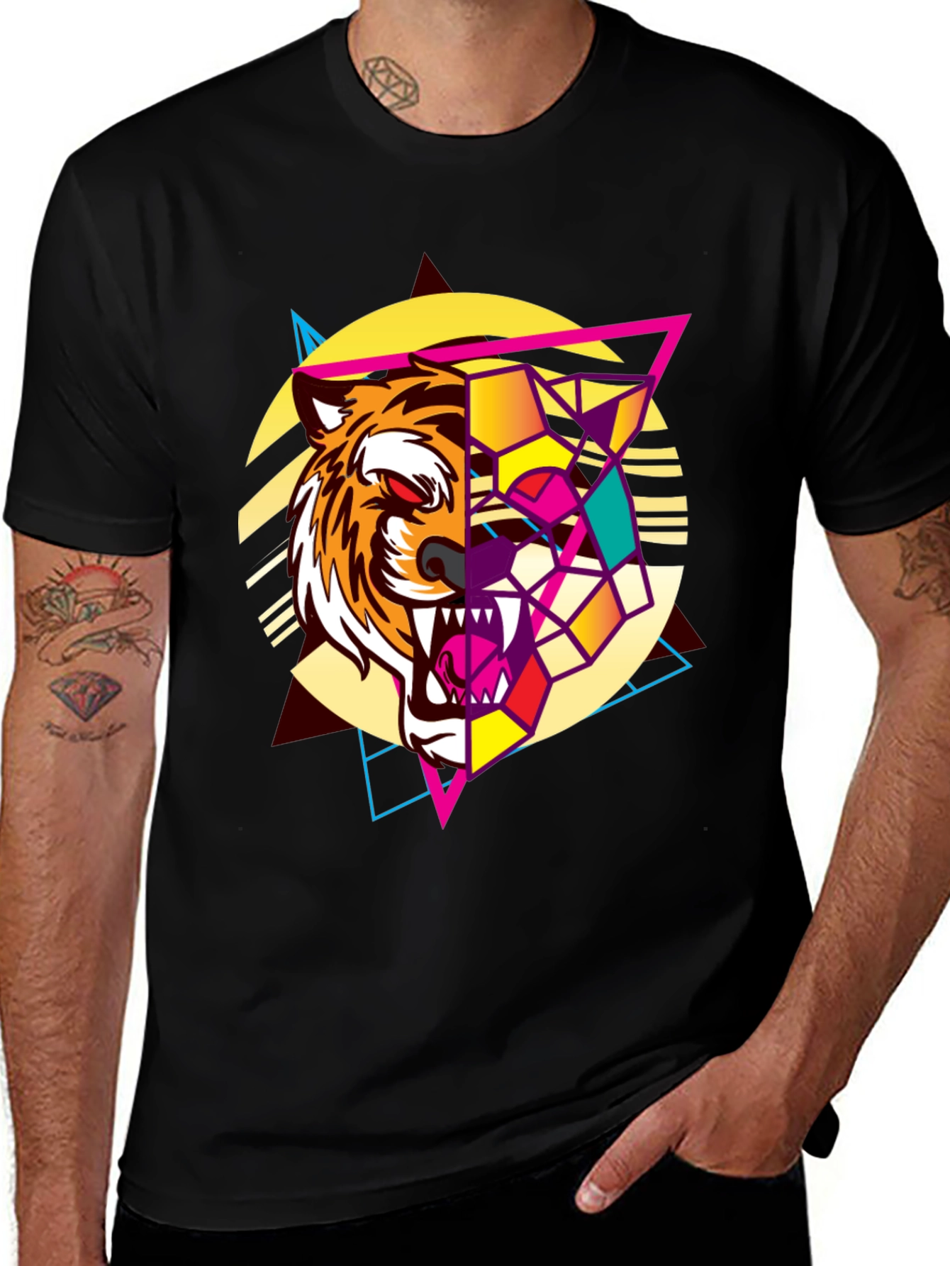 Variant 29 of Geometric Tiger Graphic Print Black T-Shirt