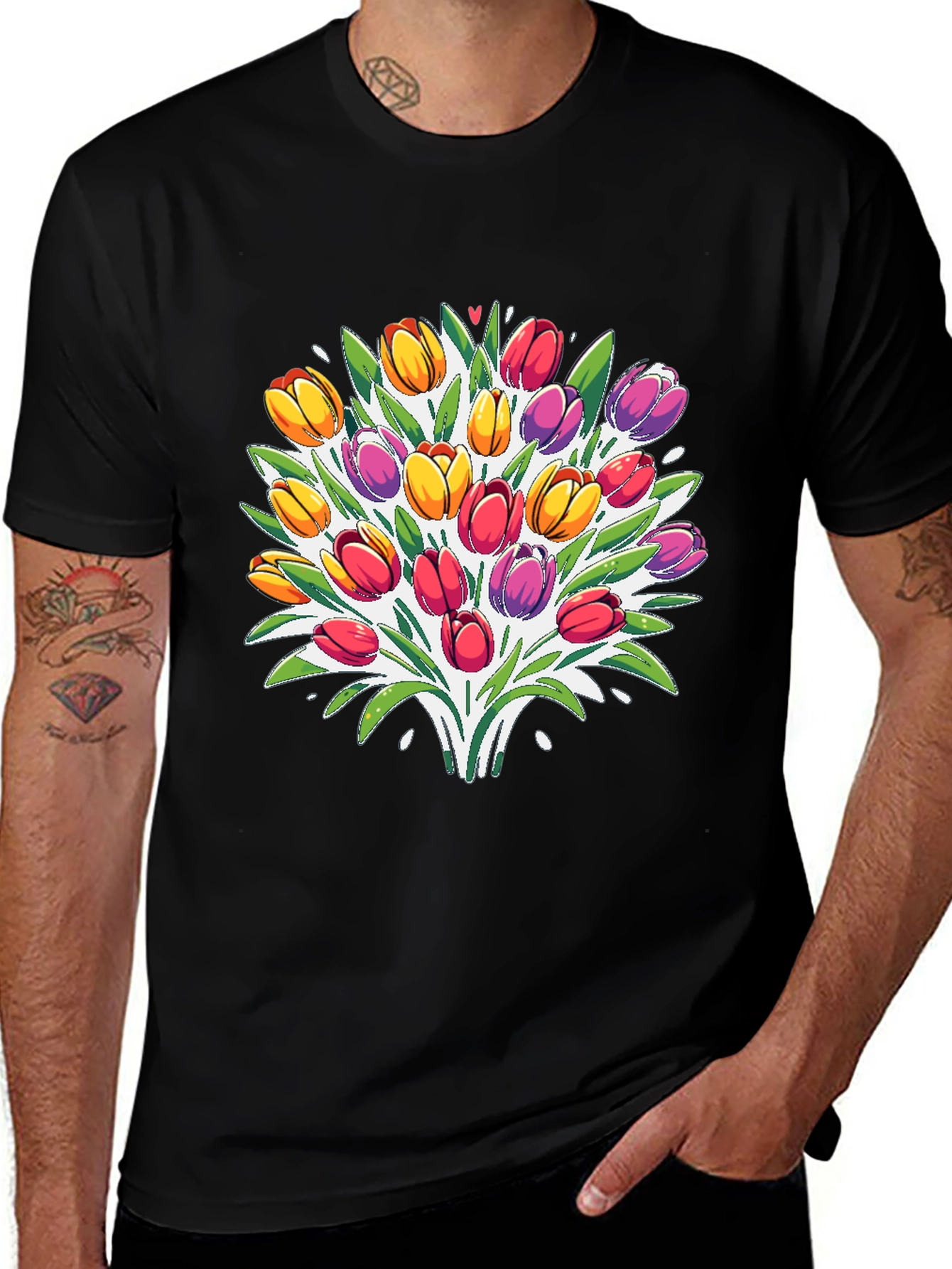 Variant 3 of Tulip Bouquet Graphic Tee - Men's Black T-Shirt
