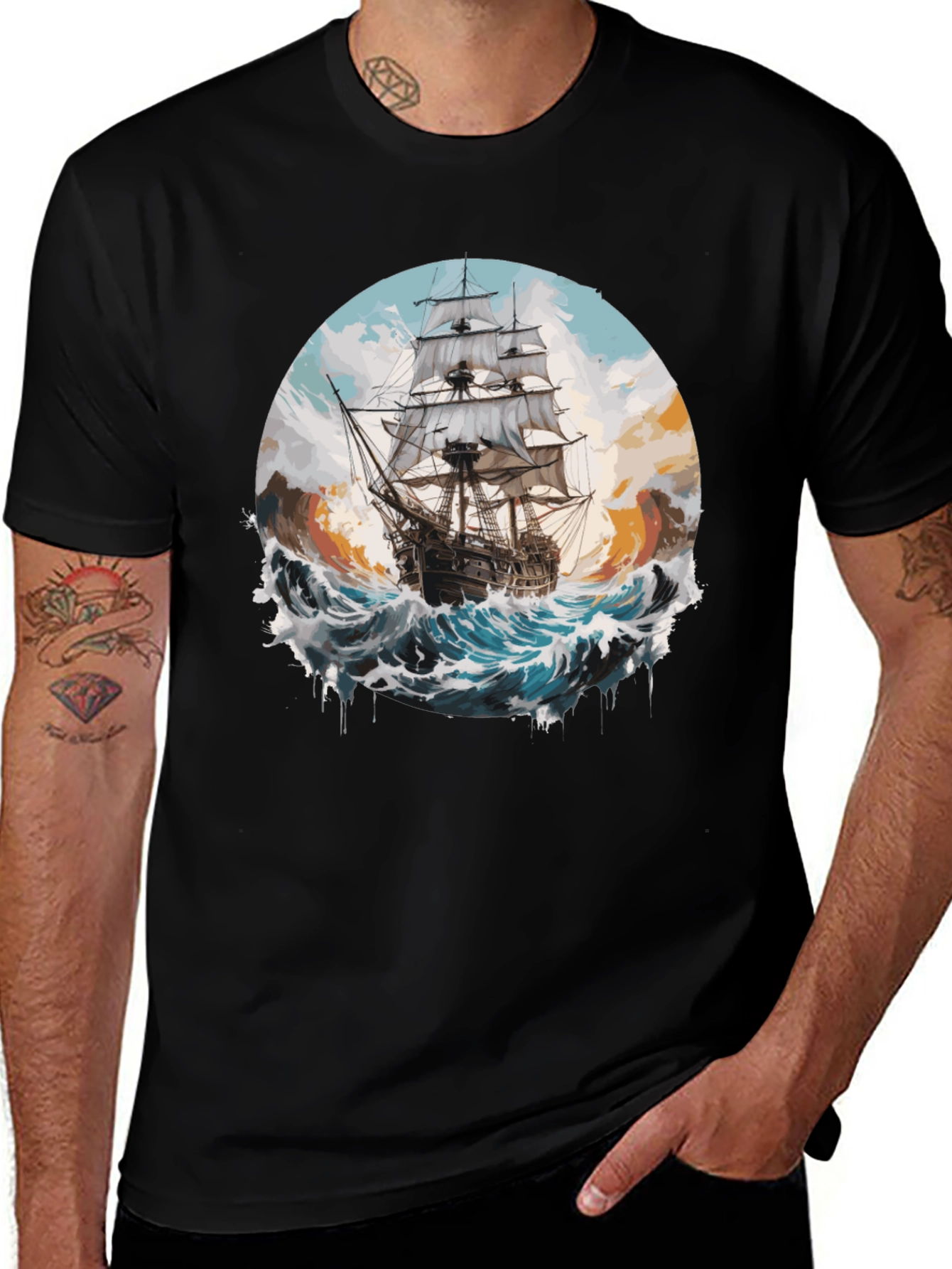 Black Sailing Ship Graphic Tee - Black Cotton Crew Neck main image