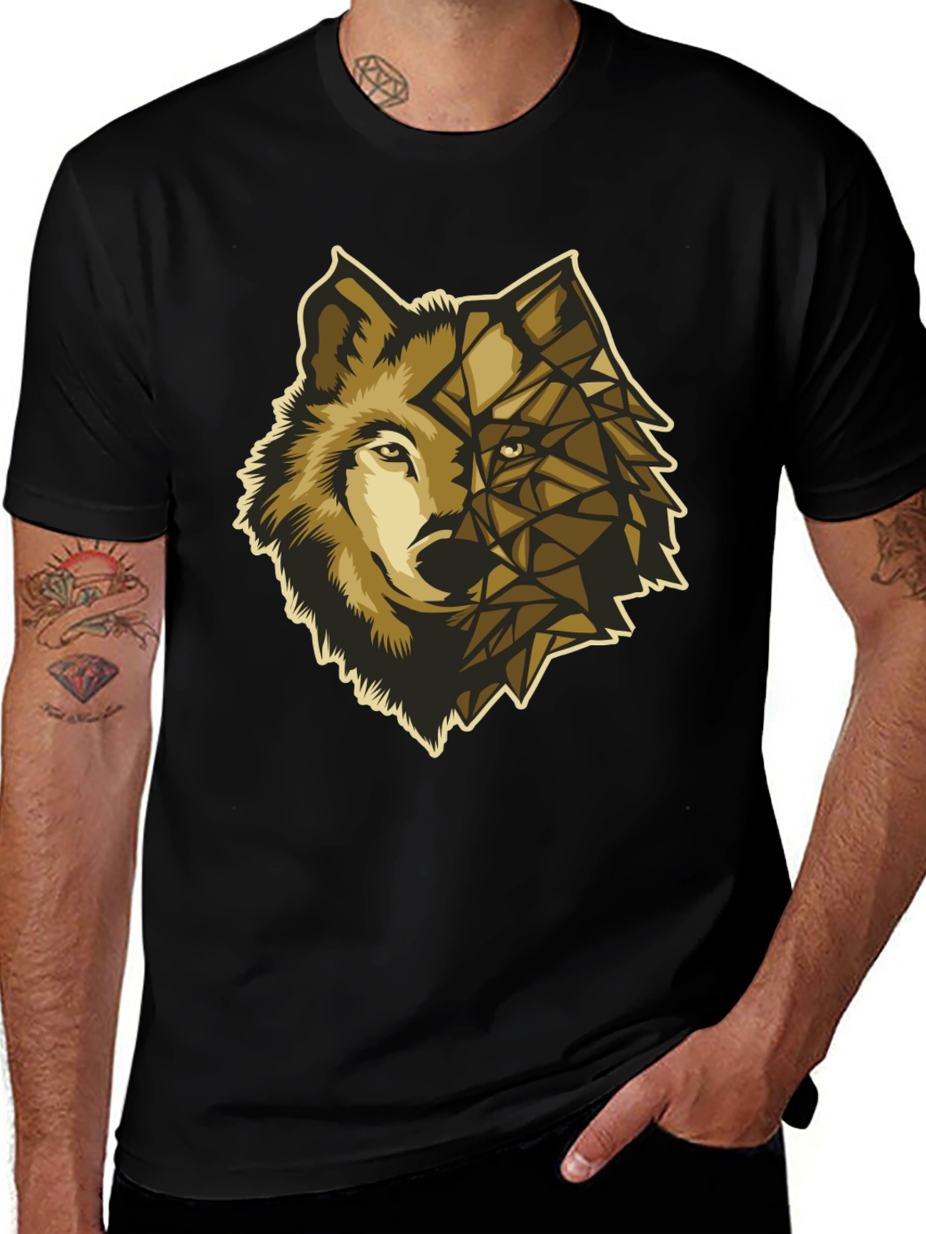 Variant 11 of Geometric Wolf Graphic Tee - Premium Black Cotton