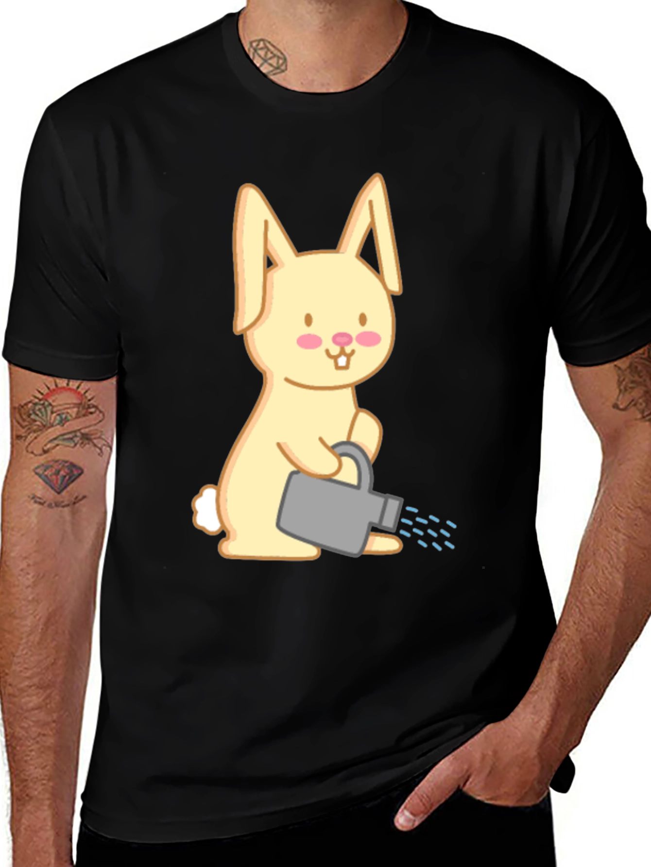 Variant 14 of Bunny with Watering Can T-Shirt - Black Cotton Tee