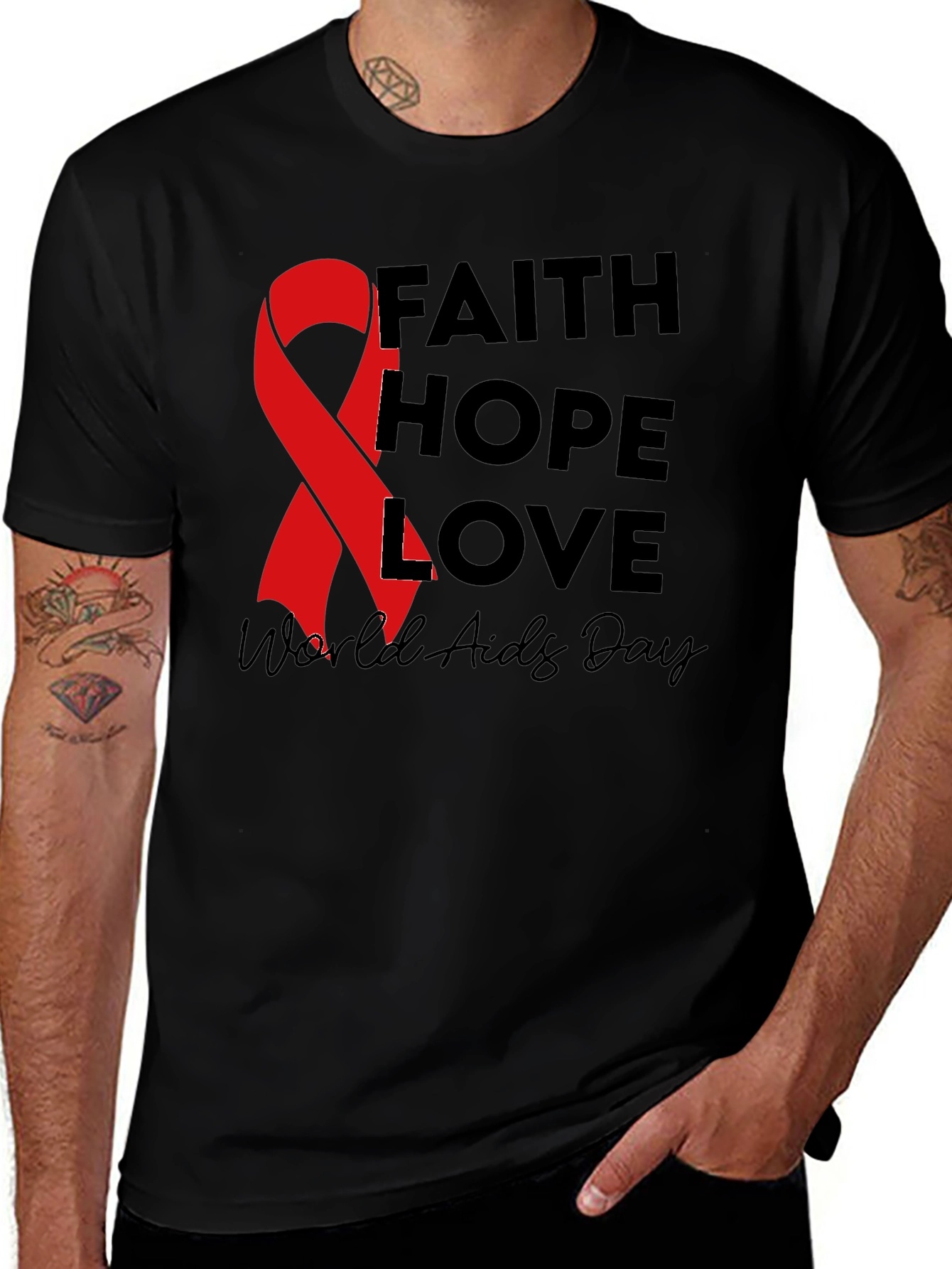 Faith Hope Love AIDS Awareness Black T-Shirt