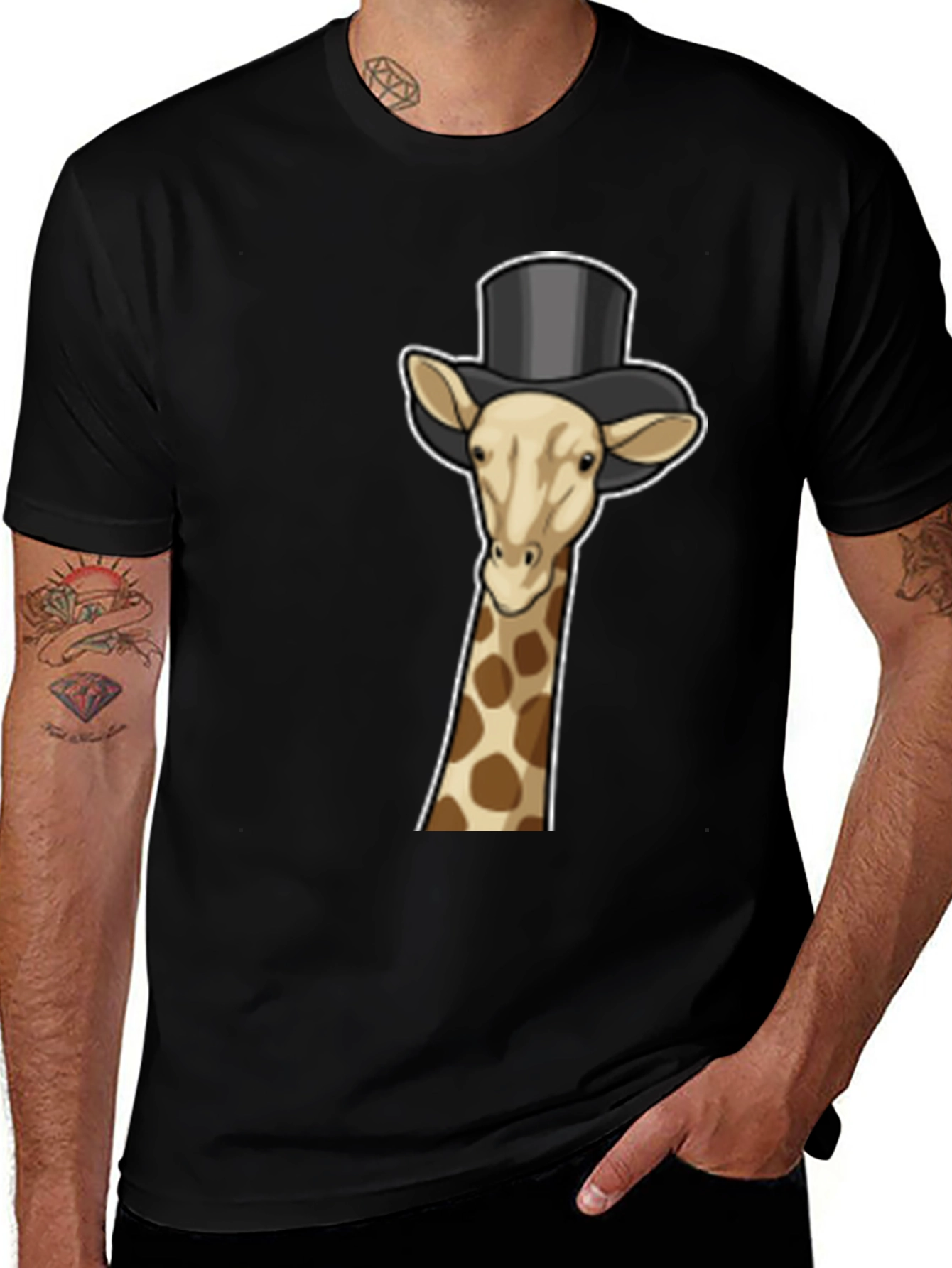 Variant 22 of Giraffe Top Hat Graphic Tee - Black Cotton T-Shirt