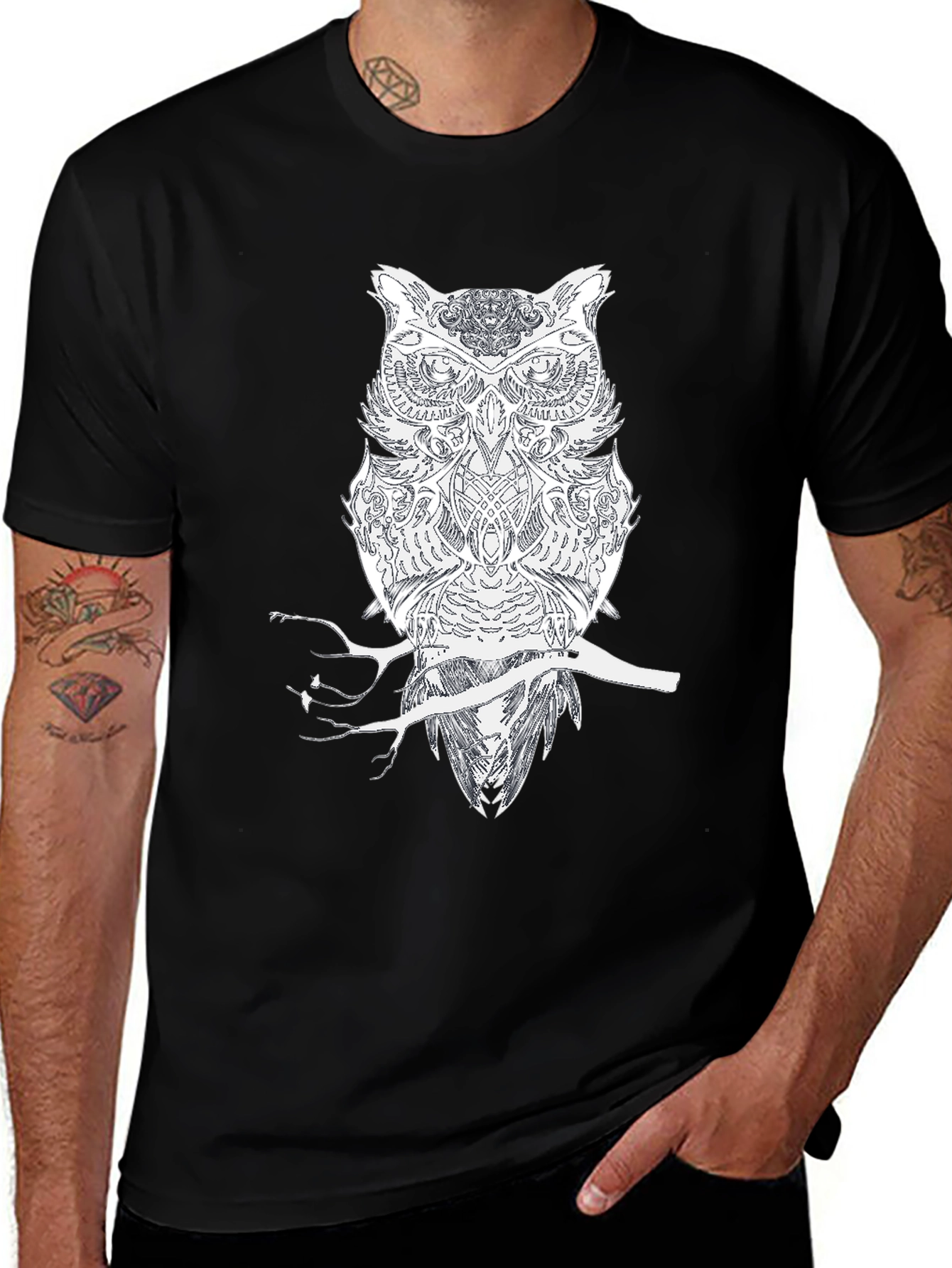 Variant 19 of Owl on Branch Black Tee - Unique Graphic Design
