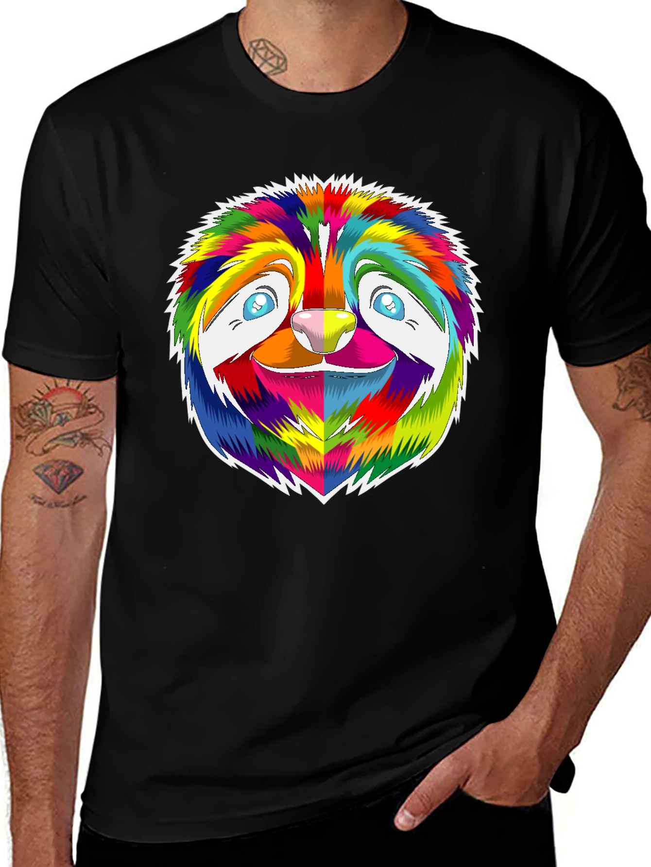 Variant 24 of Rainbow Sloth Graphic Tee - Black Cotton T-Shirt
