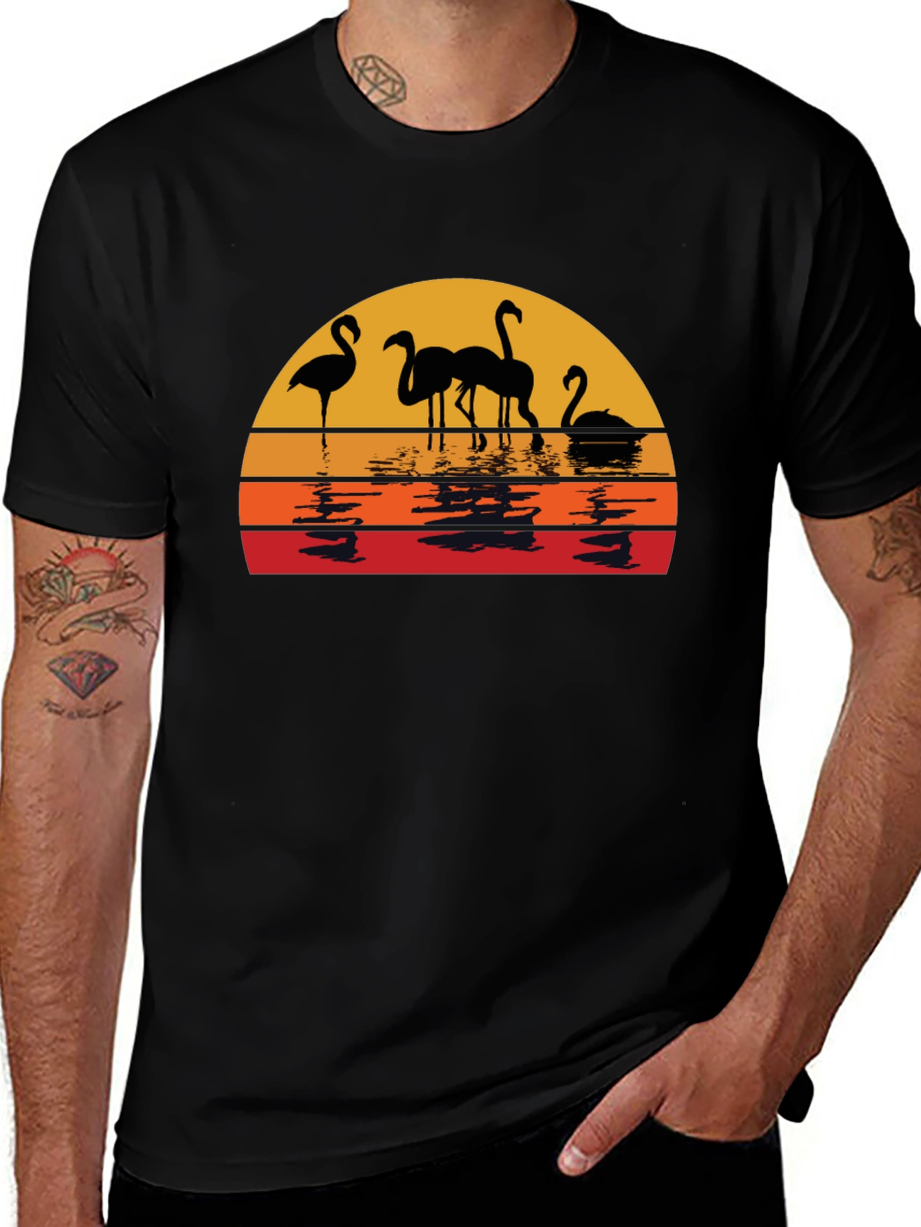 Variant 8 of Sunset Flamingo Graphic Tee - Black Cotton Comfort