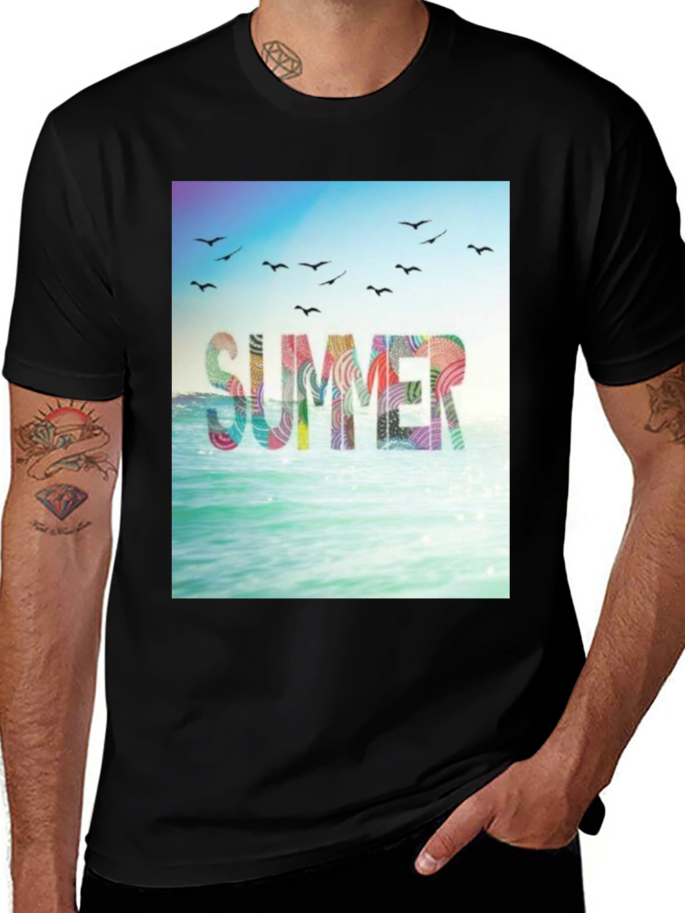 Variant 25 of Summer Beach Graphic Tee - Black Cotton T-Shirt