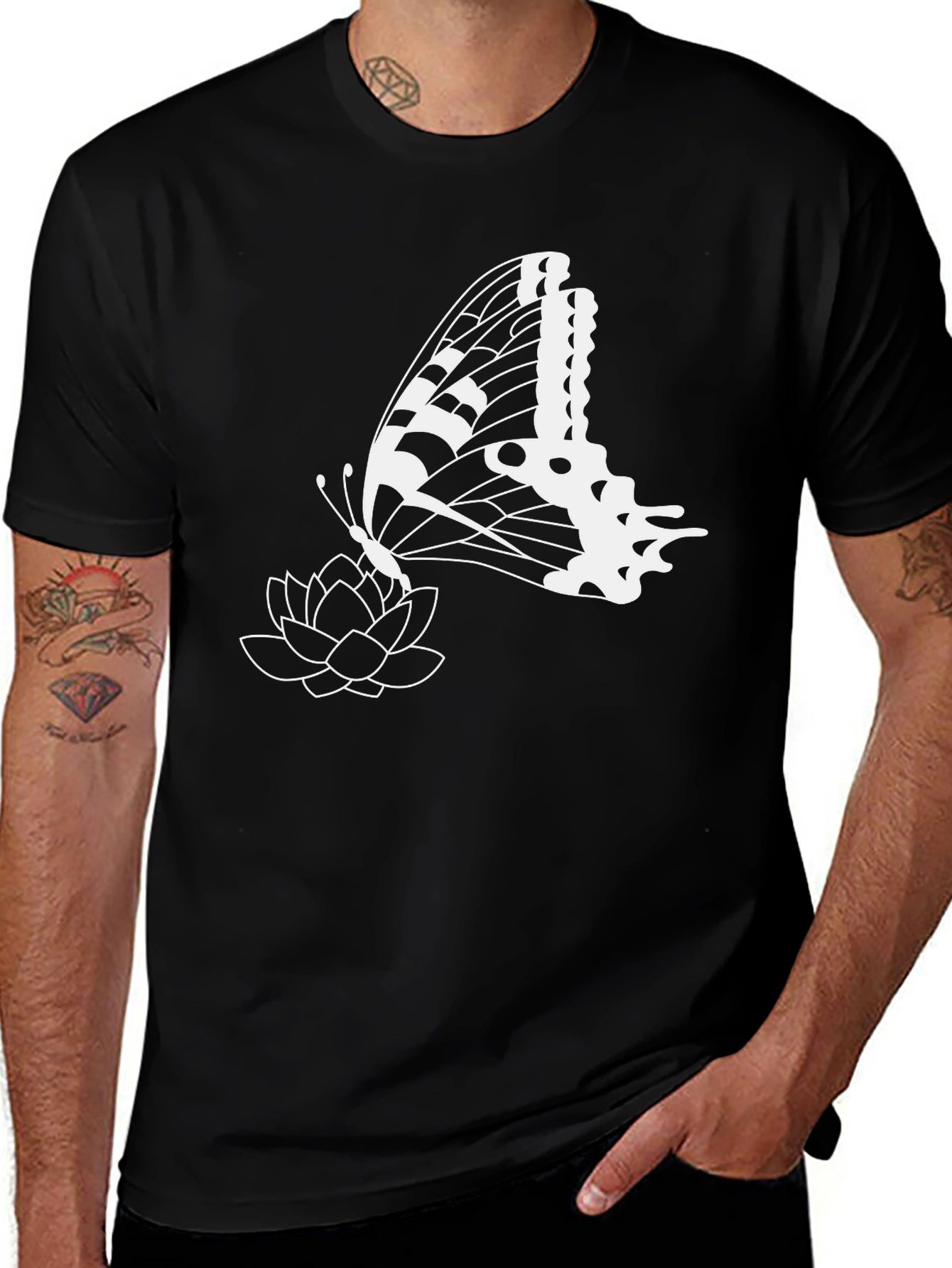 Variant 2 of Butterfly & Lotus Graphic Tee - Stylish Black T-Shirt
