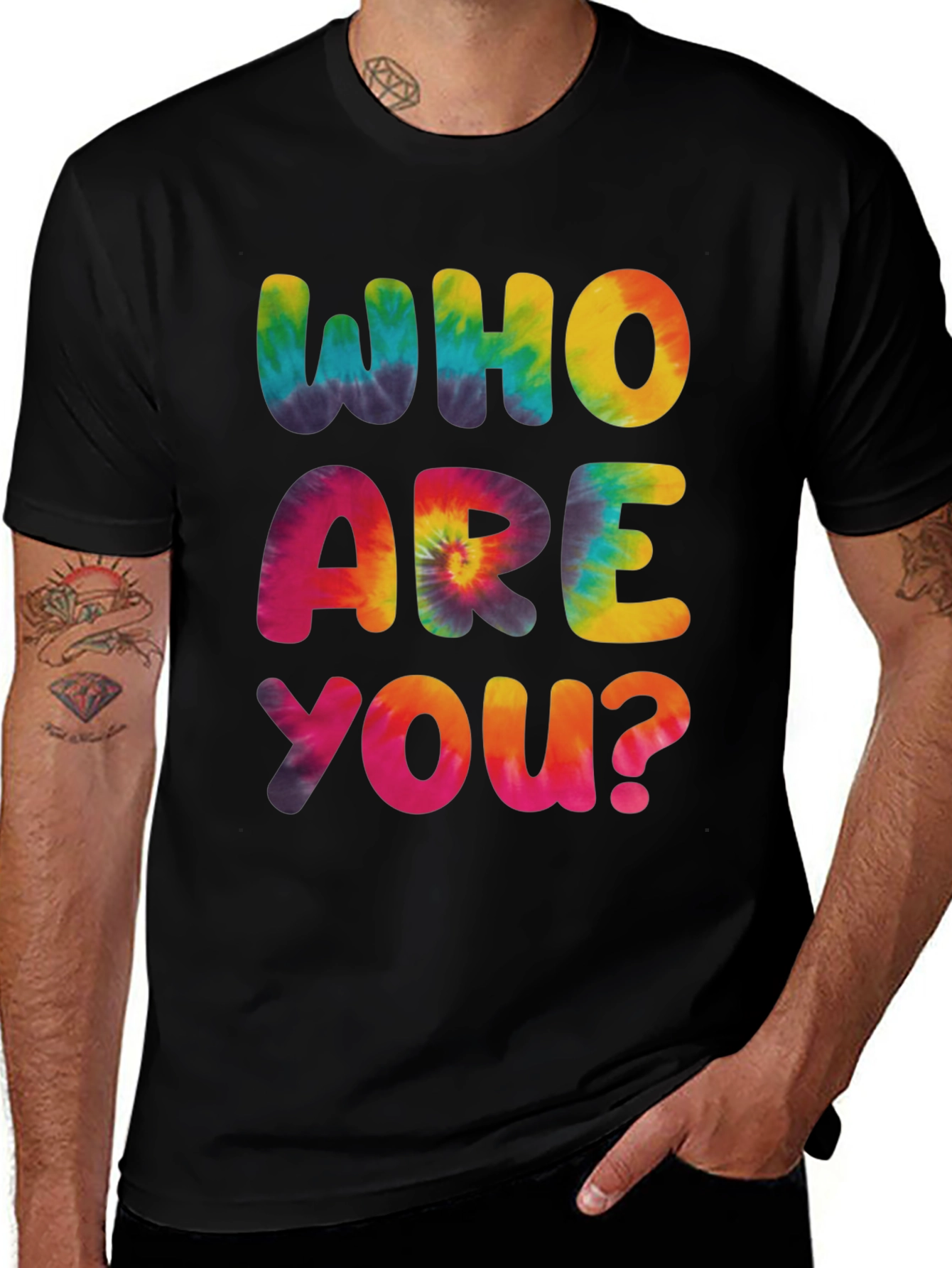 Variant 6 of Tie-Dye "Who Are You?" Graphic Tee