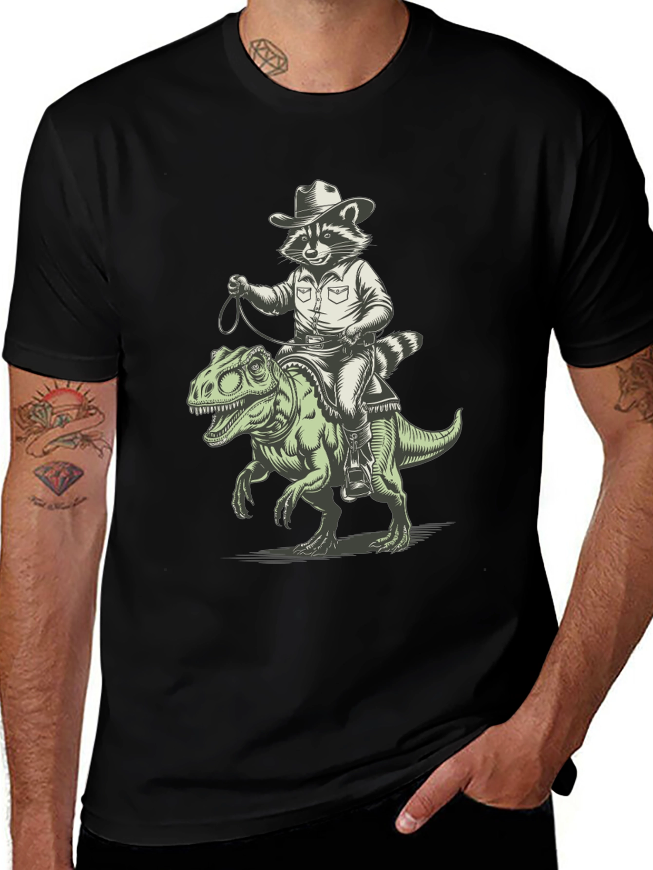 Variant 18 of Raccoon Cowboy Riding T-Rex T-Shirt
