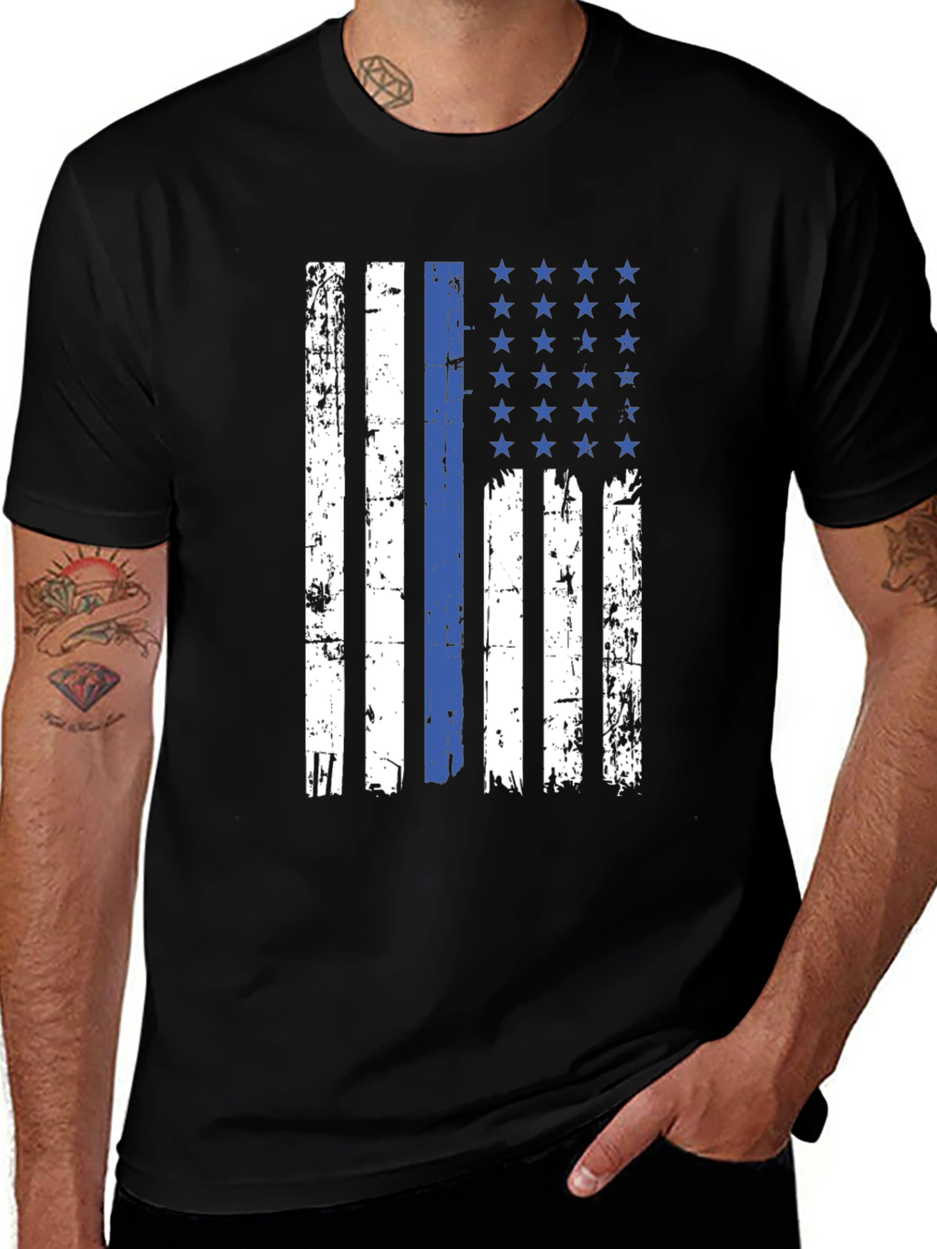 Variant 17 of Distressed Thin Blue Line American Flag Graphic Tee