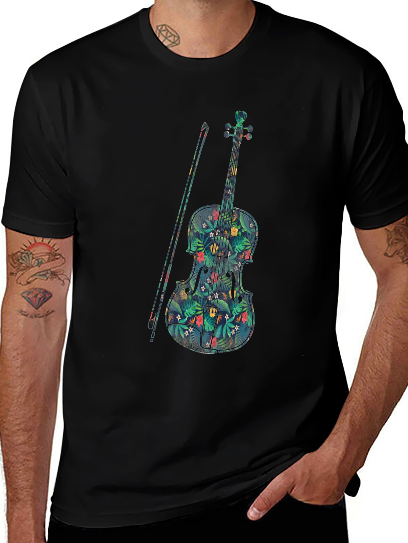 Variant 15 of Floral Violin Graphic Tee - Black Cotton Musician Shirt