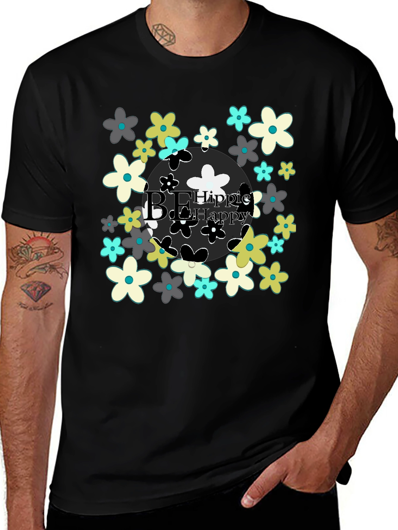 Variant 15 of Be Hippie Be Happy Floral T-Shirt - Black