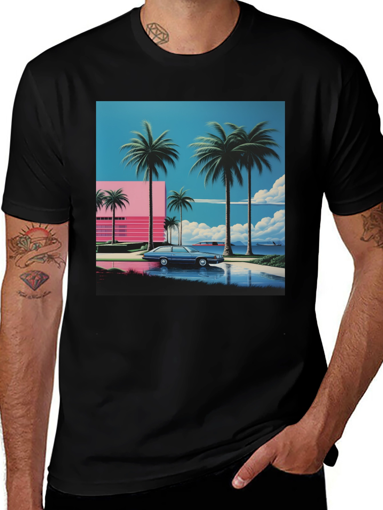 Variant 15 of Miami Vice Style T-Shirt, Retro Car & Palms