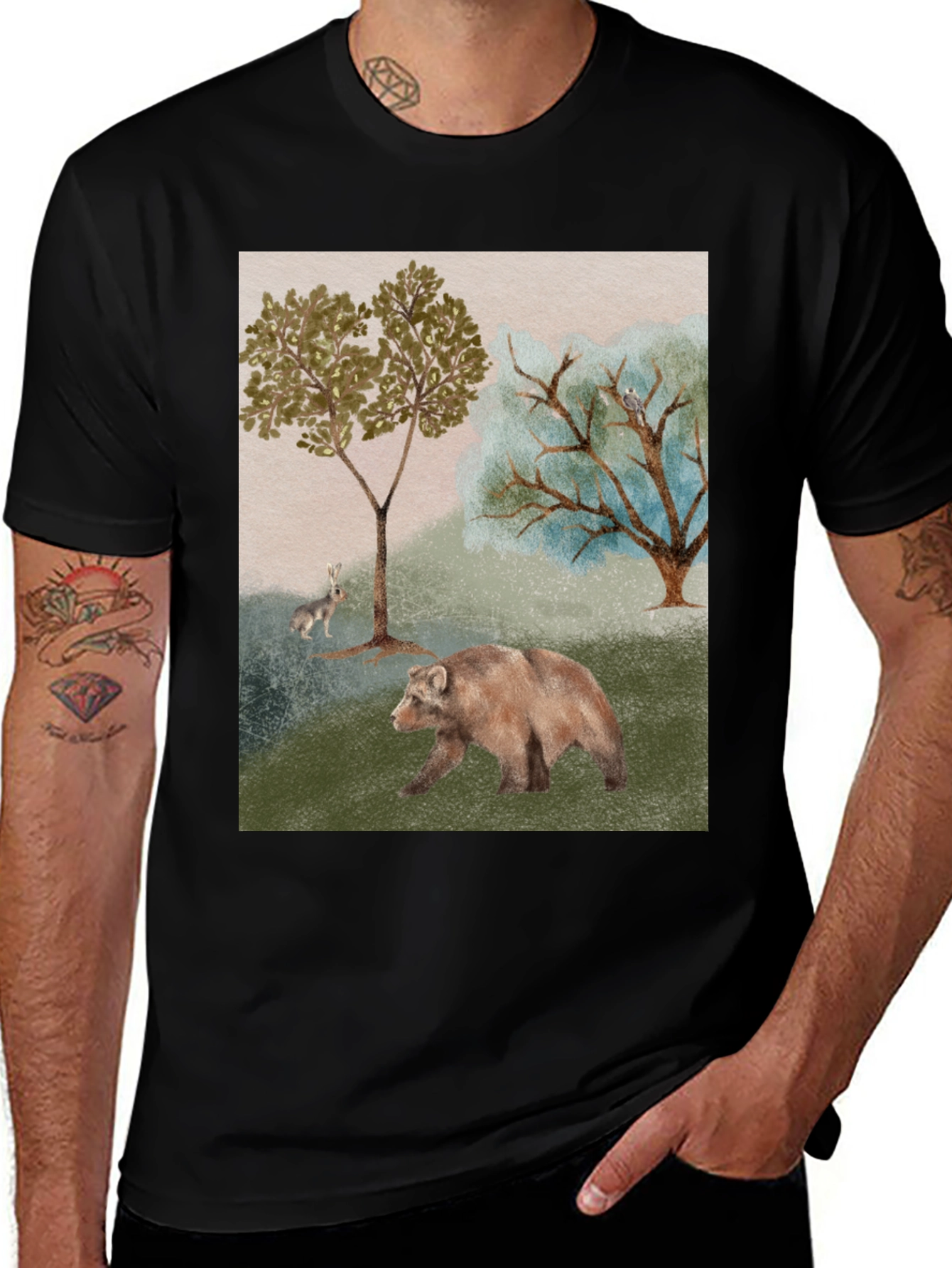 Variant 9 of Nature Scene Black T-Shirt - Bear, Rabbit, and Trees
