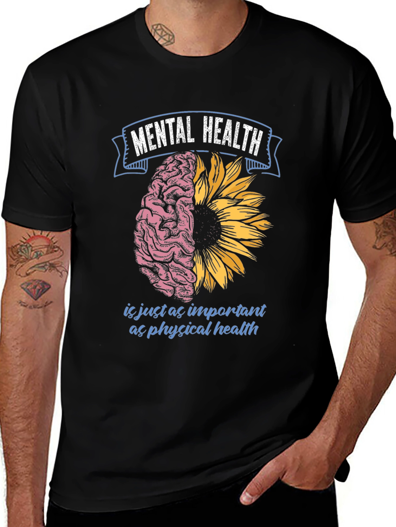 Variant 7 of Mental Health T-Shirt: Brain & Sunflower Design