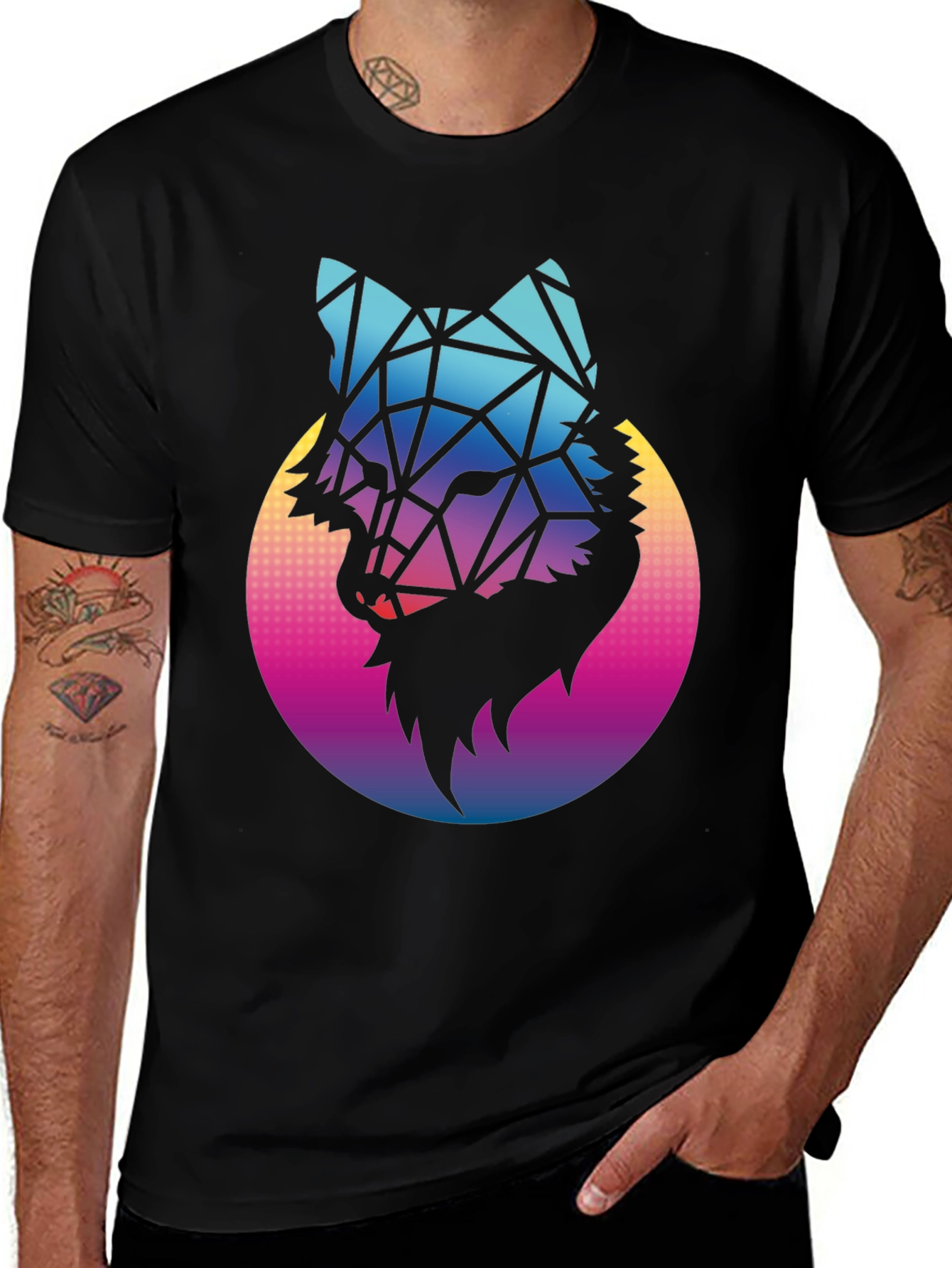 Variant 6 of Geometric Wolf Graphic Tee - Black Cotton Blend