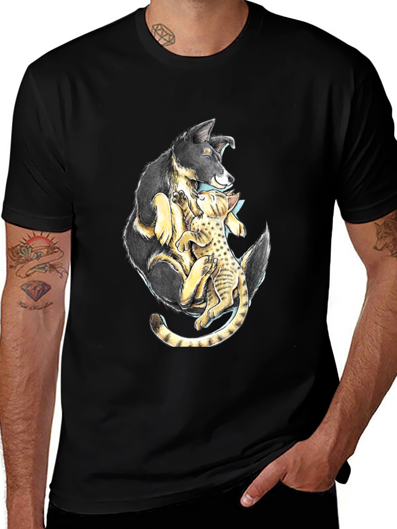 Variant 11 of Dog and Cat Hug Black T-Shirt - Animal Lover Tee