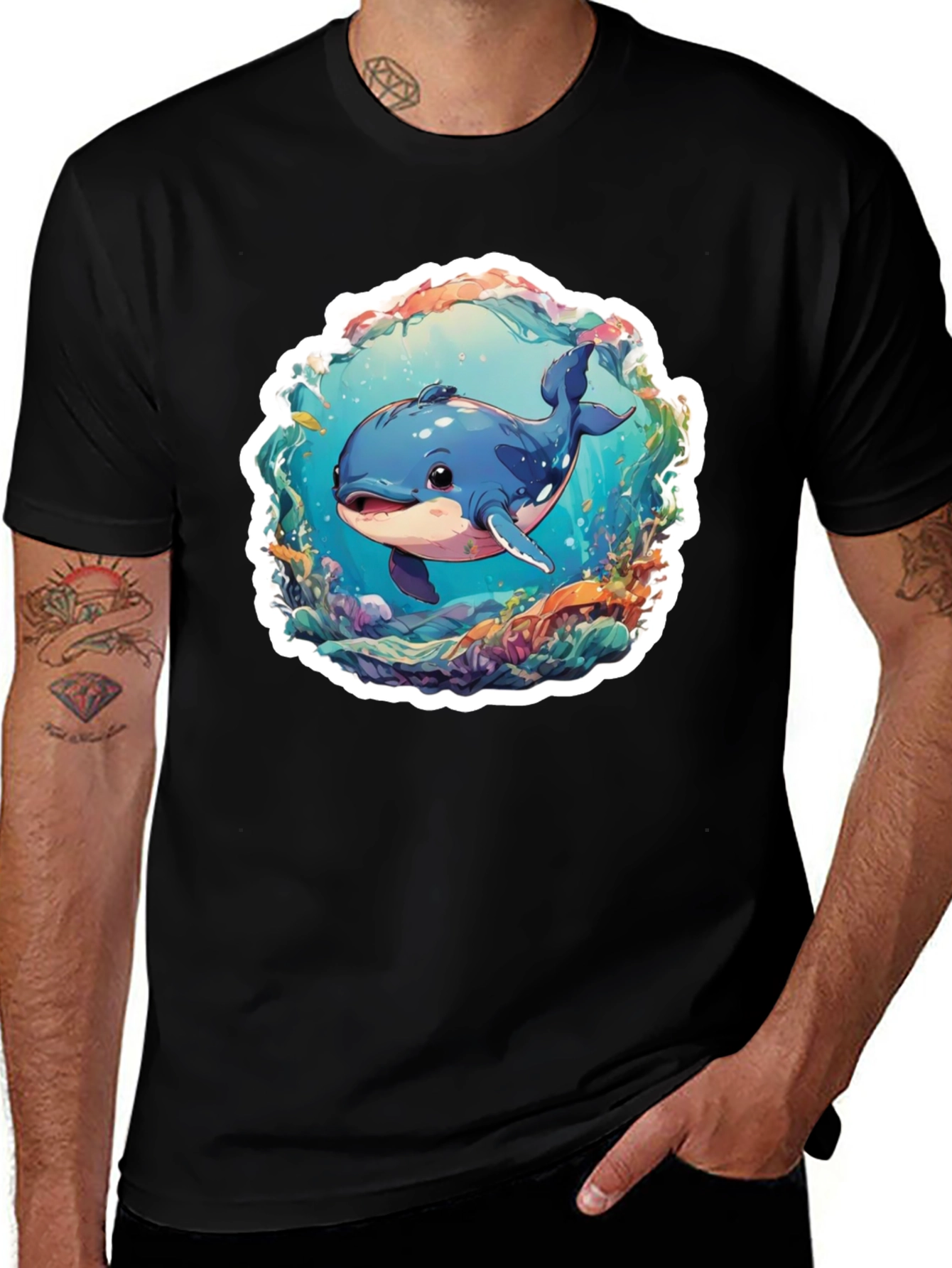 Variant 29 of Cartoon Whale Graphic Black T-Shirt
