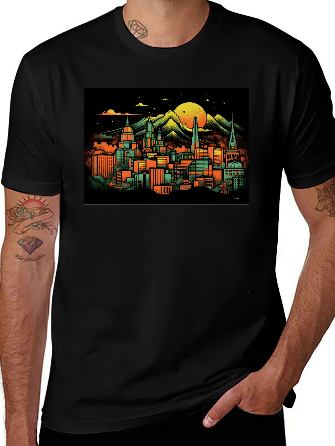 Variant 28 of Retro Cityscape Graphic Black T-Shirt