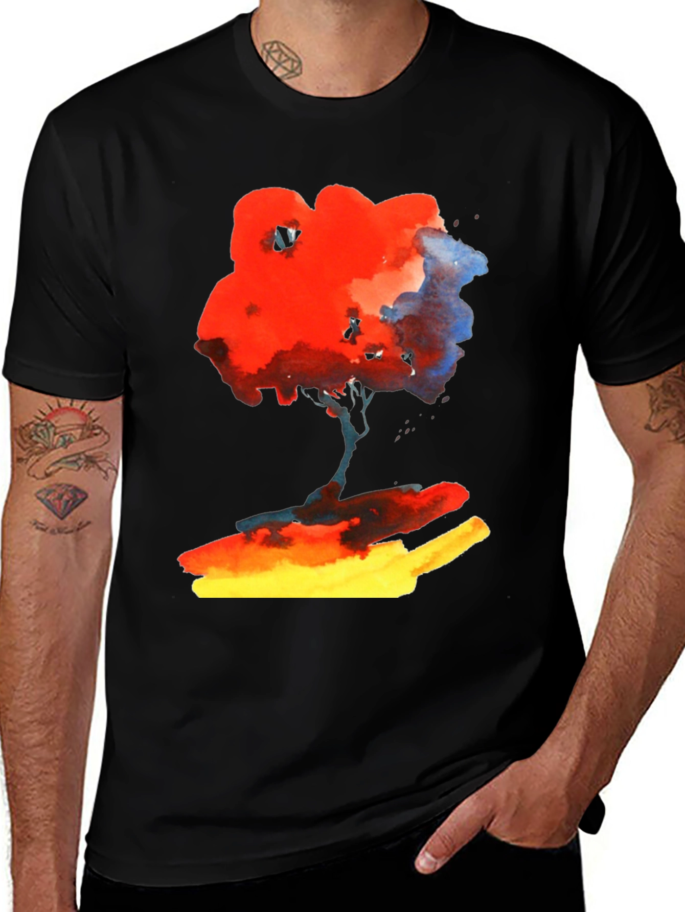 Abstract Watercolor Tree Graphic Tee - Soft Black Cotton Shirt