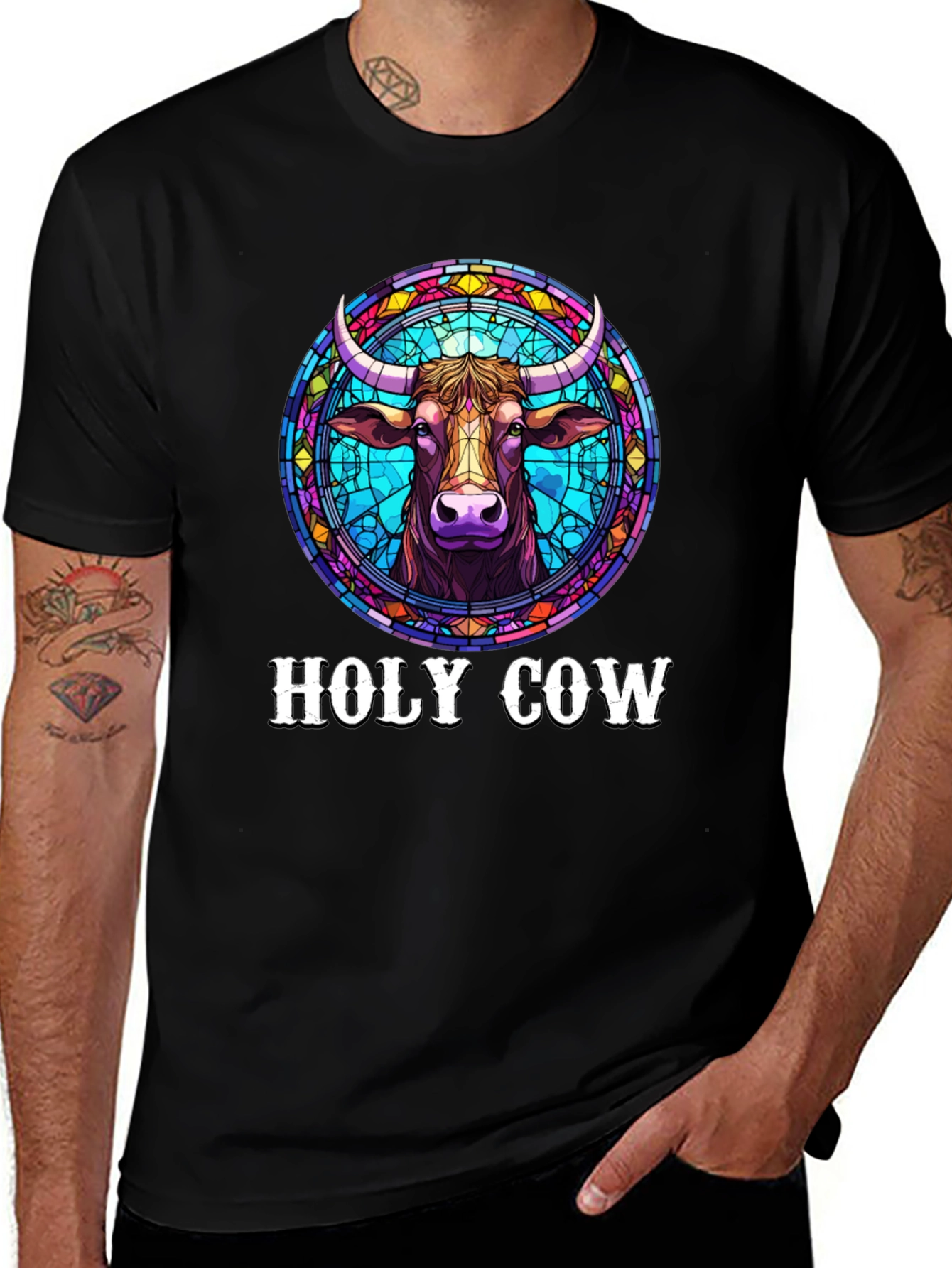 Variant 9 of Holy Cow Graphic Tee - Stained Glass Design