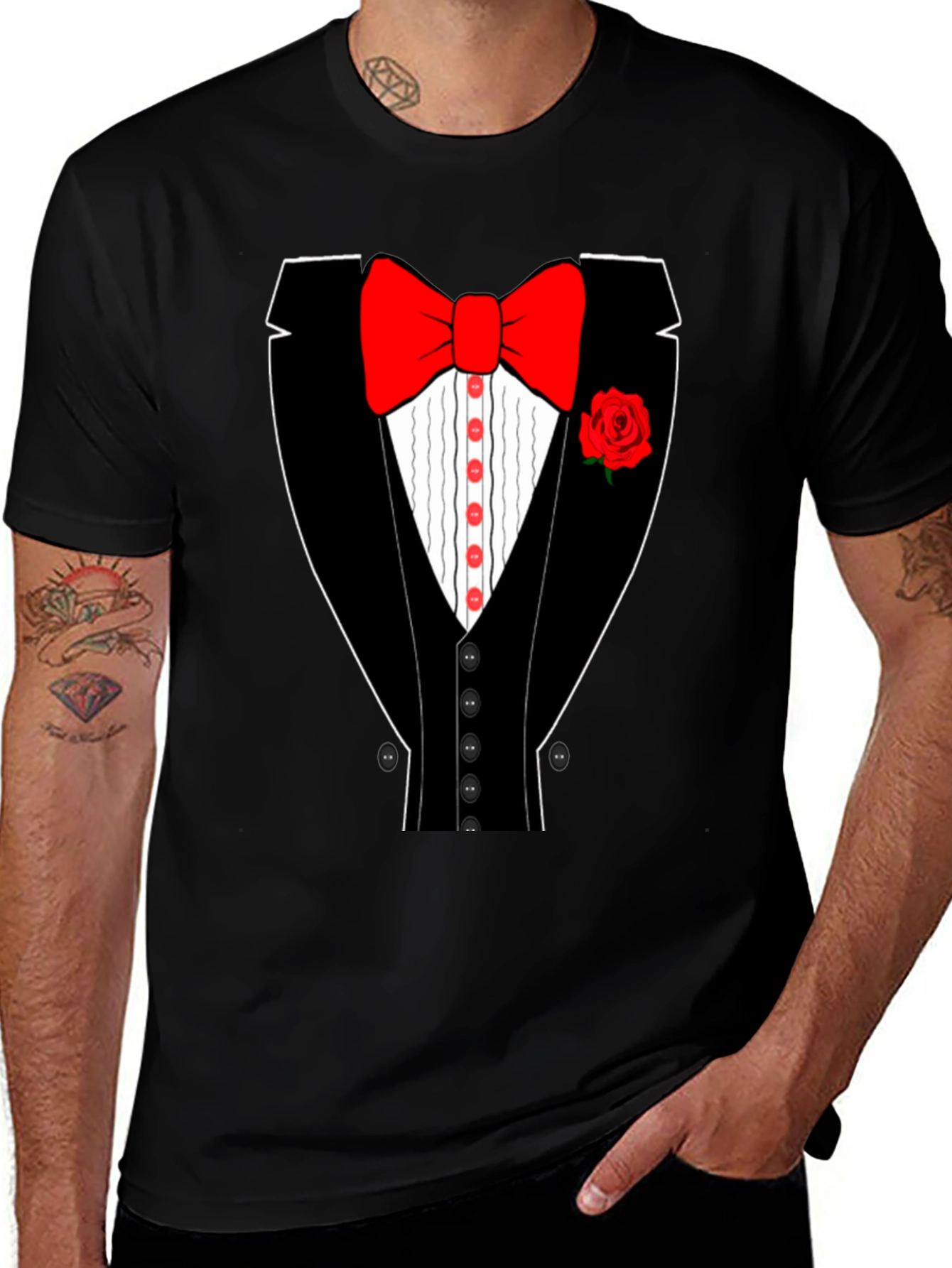 Variant 2 of Tuxedo T-Shirt - Novelty Bow Tie Rose Graphic Tee