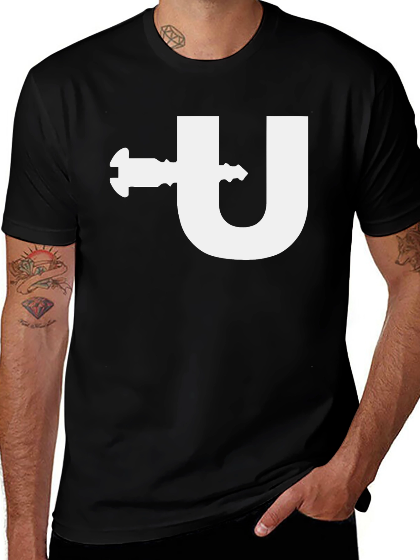 Variant 7 of Black T-Shirt with White U-Turn Graphic