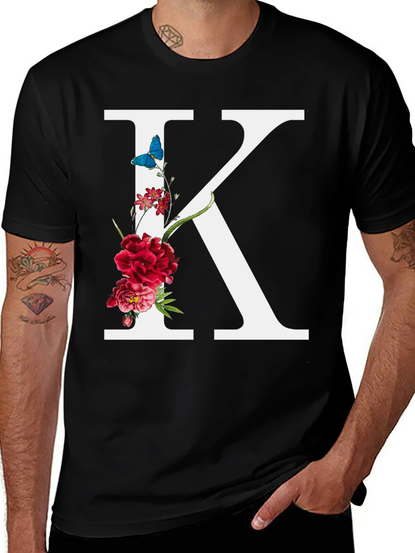 Variant 25 of Floral Letter K Black T-Shirt