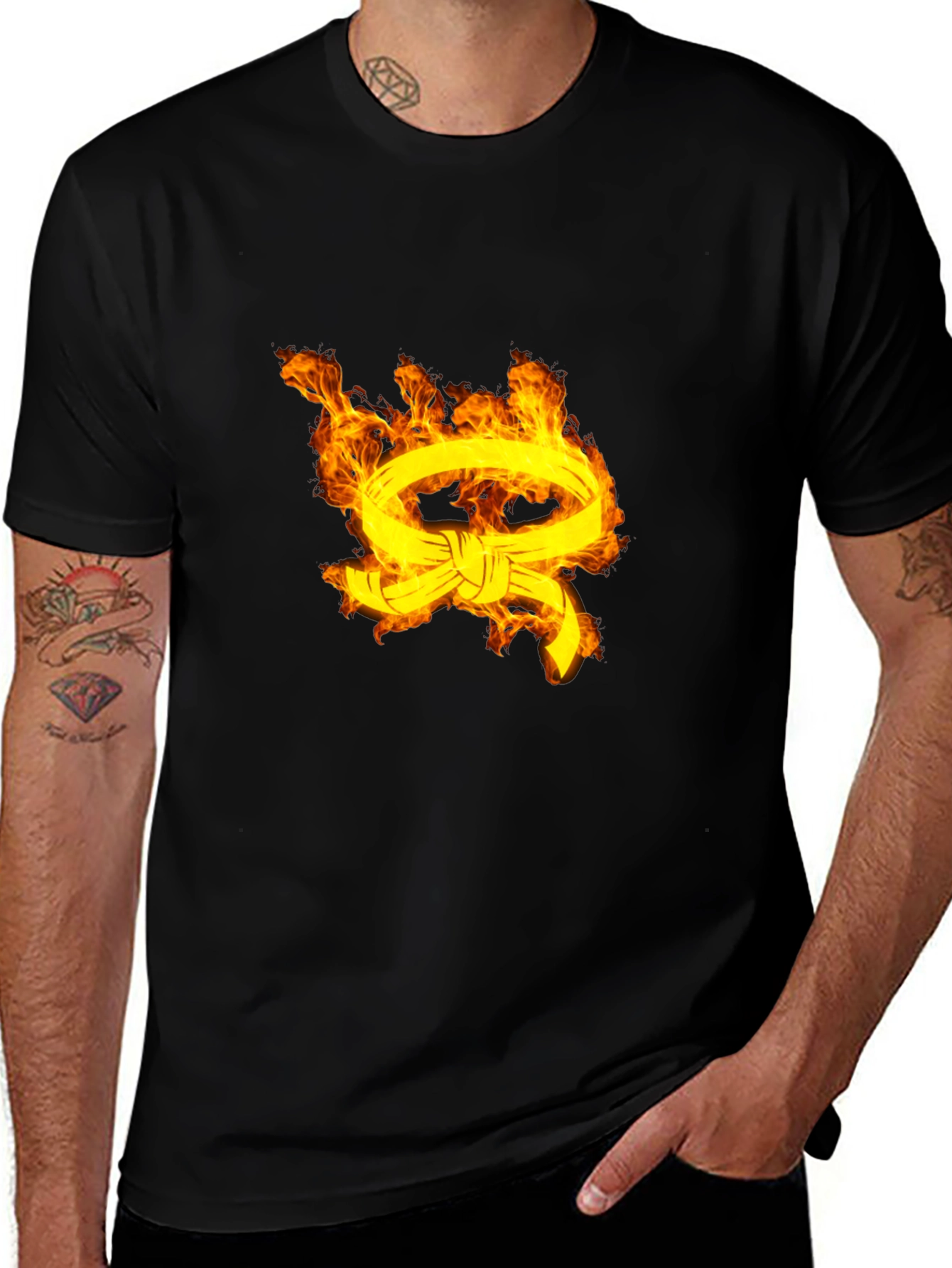 Variant 13 of Men's Black T-Shirt with Fiery Belt Design