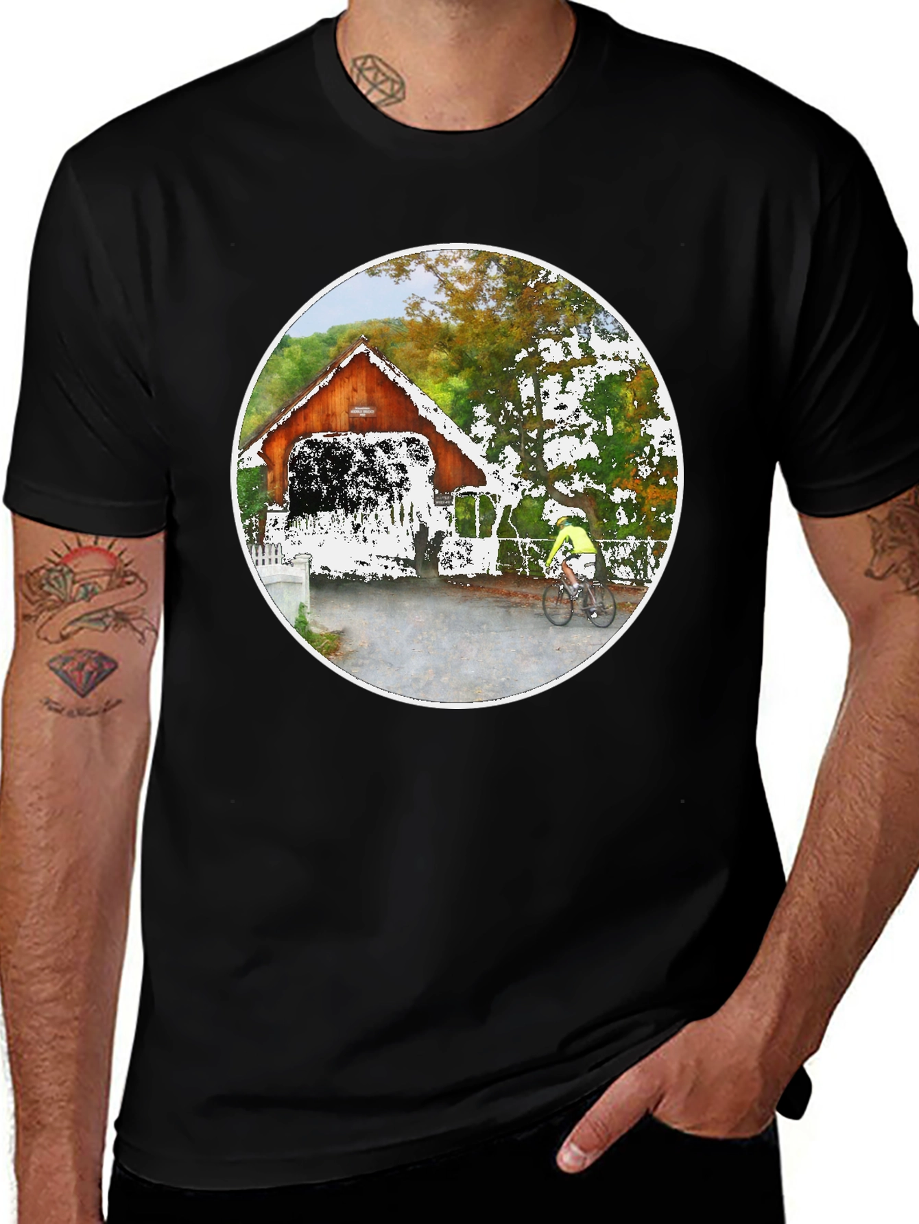 Variant 3 of Covered Bridge Bicyclist Graphic T-Shirt