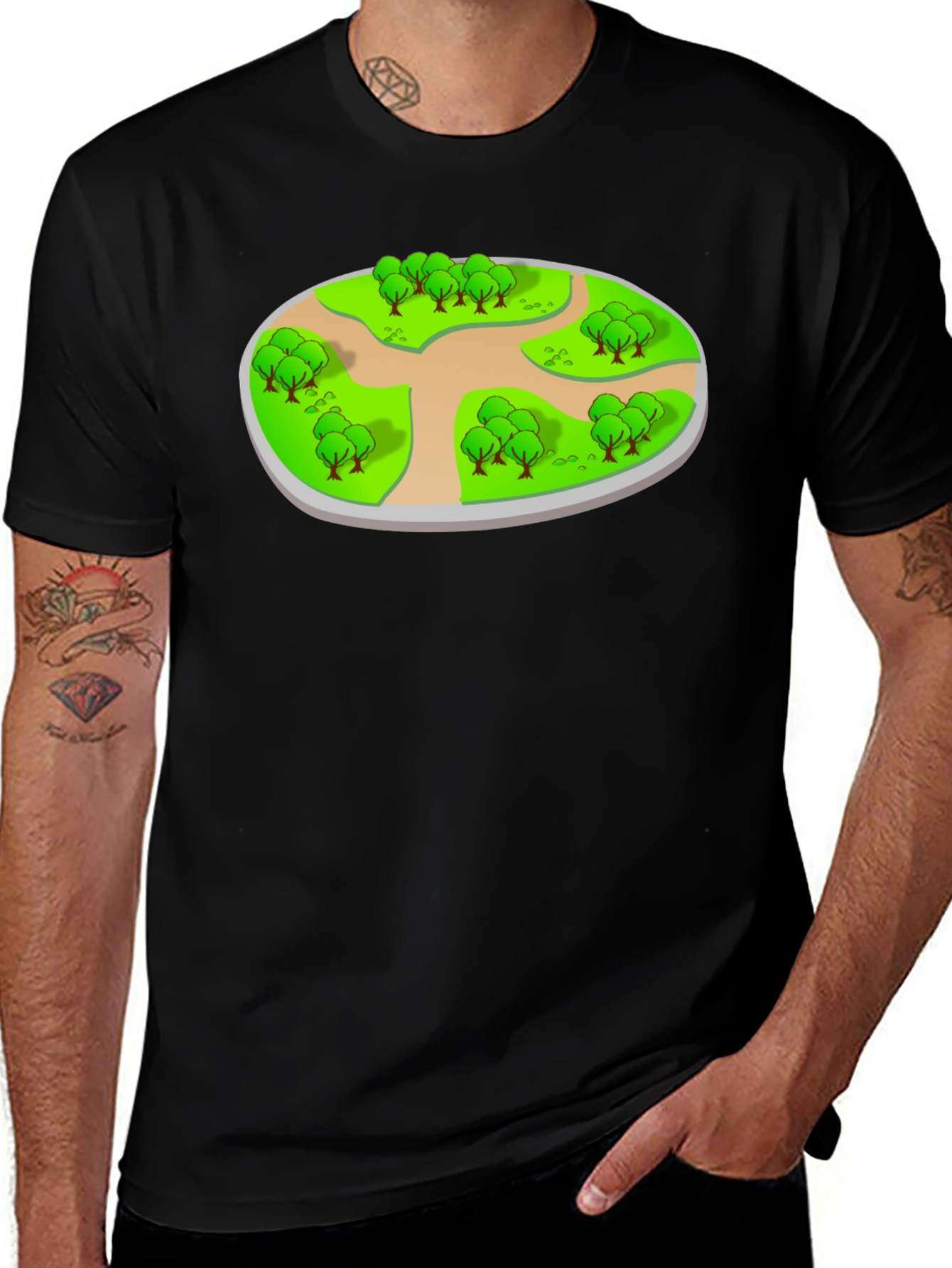 Cartoon Landscape Design Black T-Shirt