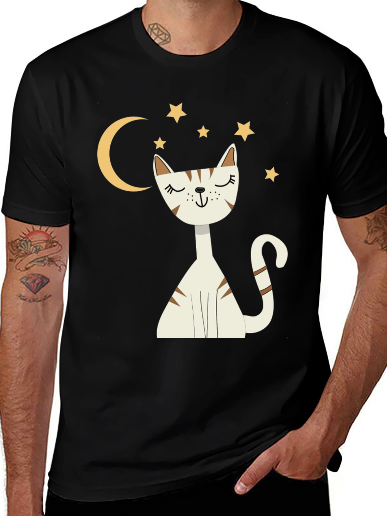 Variant 25 of Cute Cat Moon & Stars Graphic Black T-Shirt