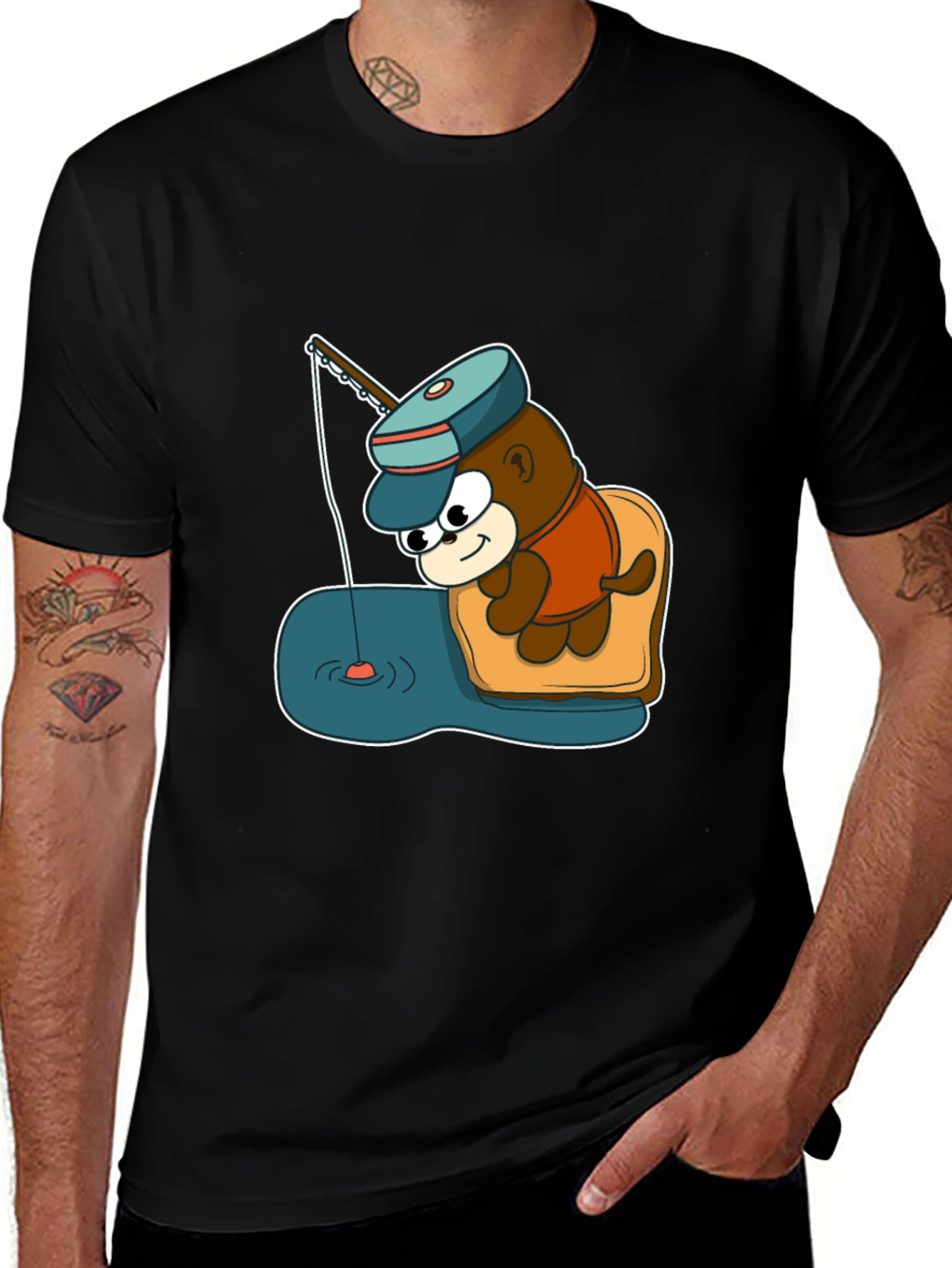Variant 23 of Cartoon Bear Fishing Graphic Tee - Black