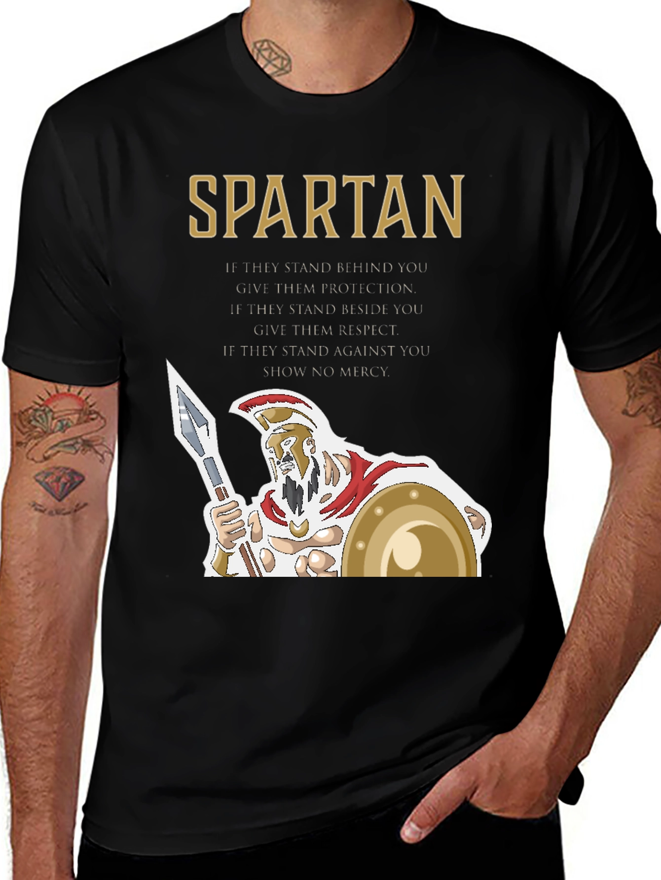 Spartan Warrior Graphic Tee - Protection, Respect, and No Mercy